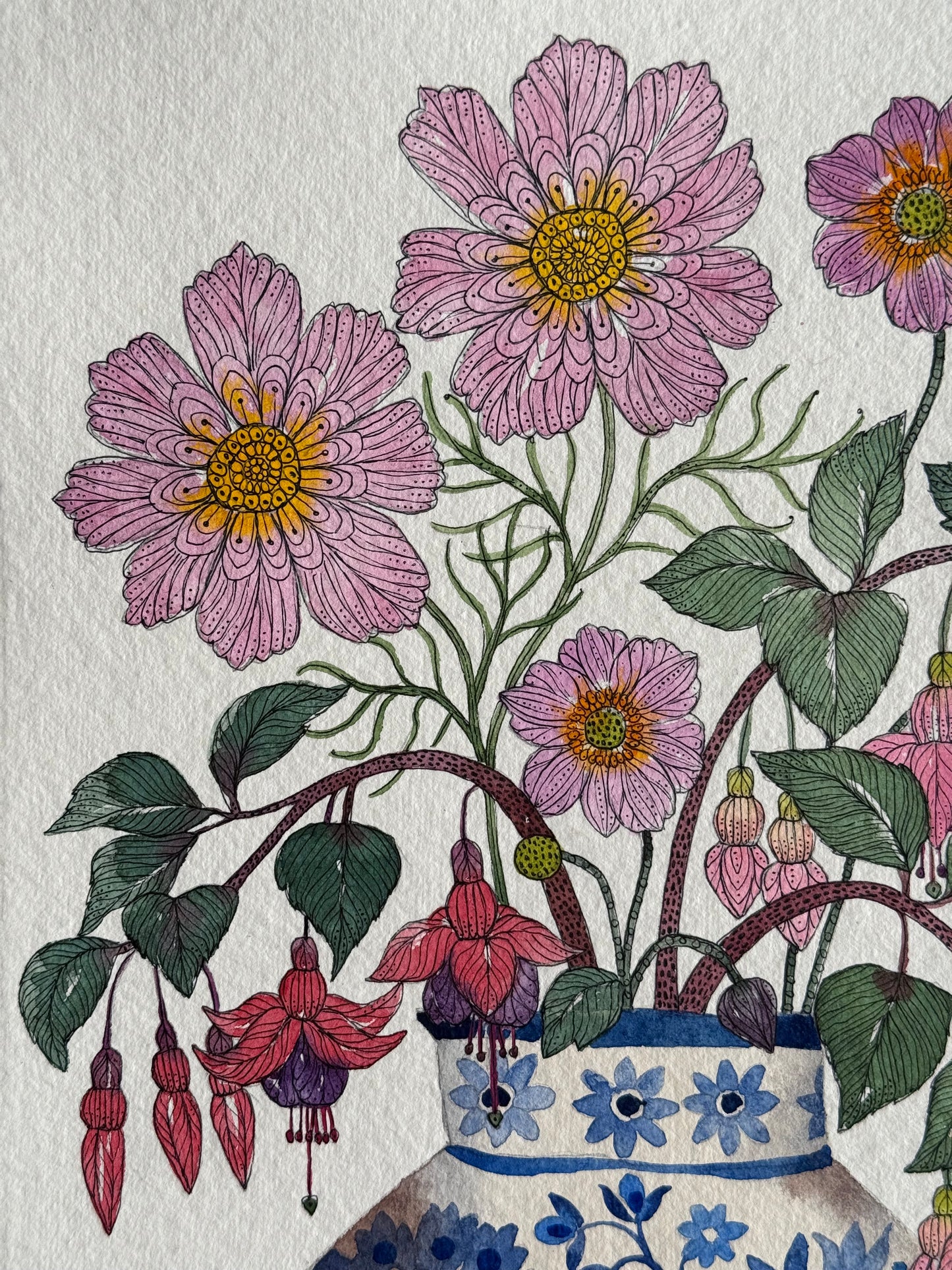 Original, A4 watercolour Cosmos, Fuchsia & Anemone Flowers in a Delft Vase