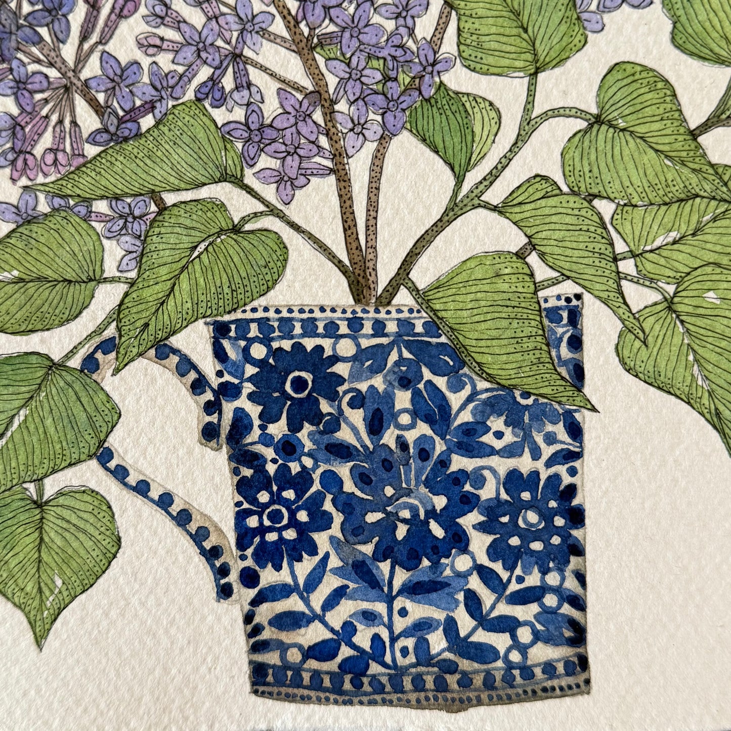 Original watercolour & ink painting of Lilac in a blue and white patterned ceramic mug.