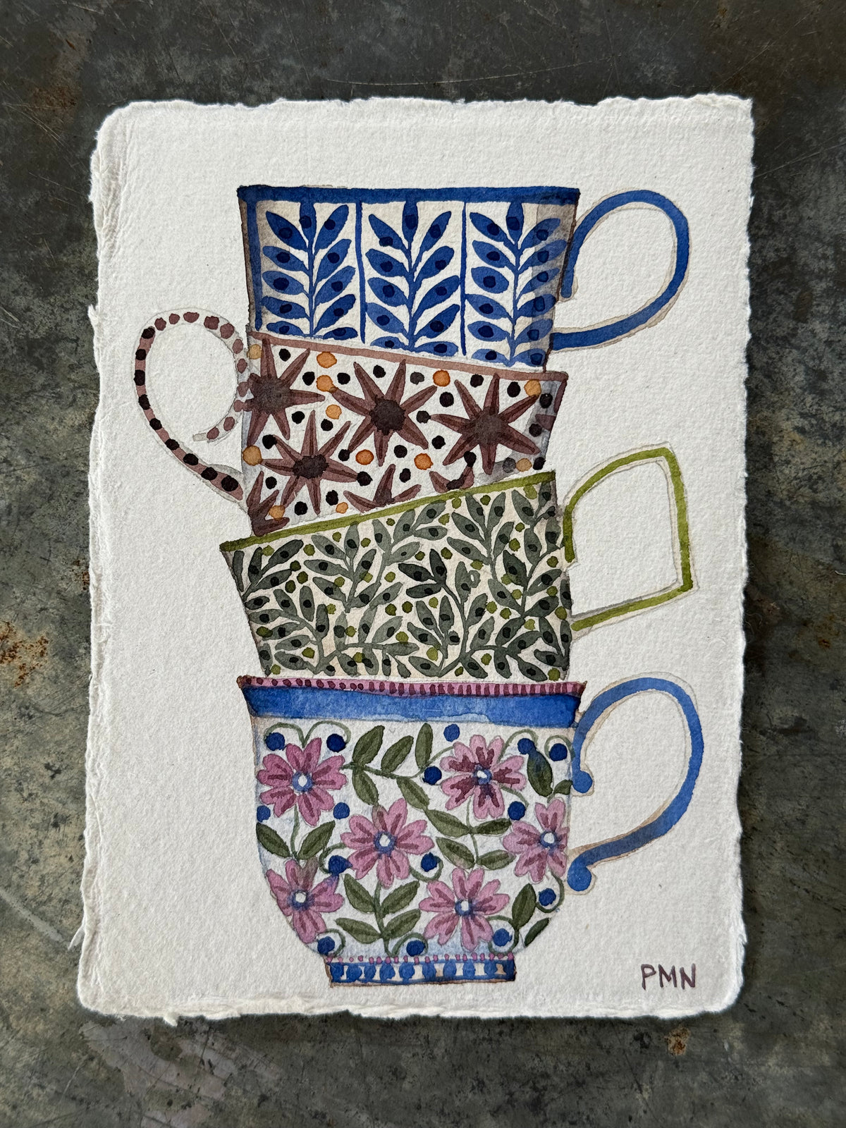 A6, Original Watercolour Stacked Teacups & Stars