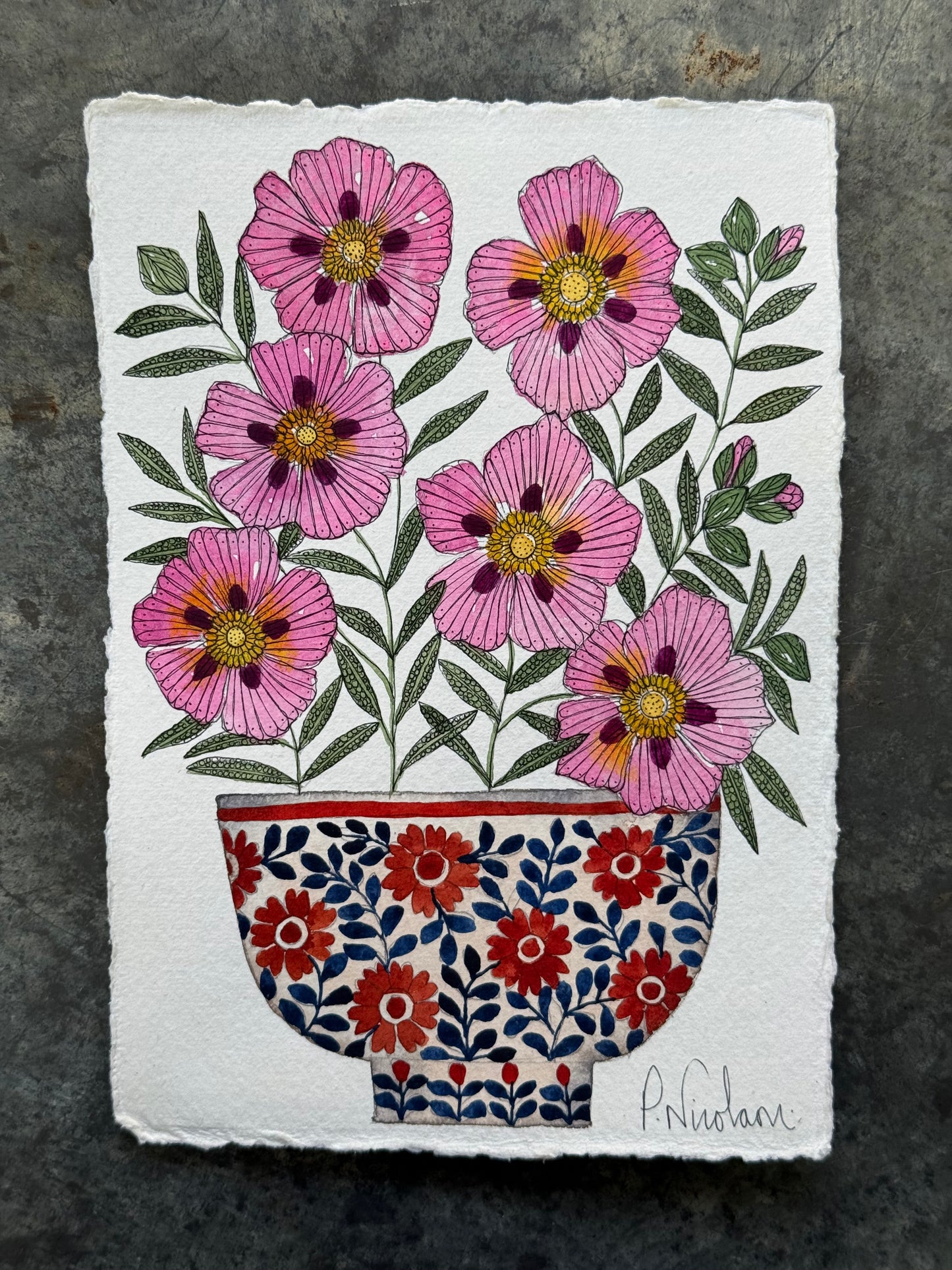 Original, A5 watercolour painting of Cistus Flowers in a little patterned Pot
