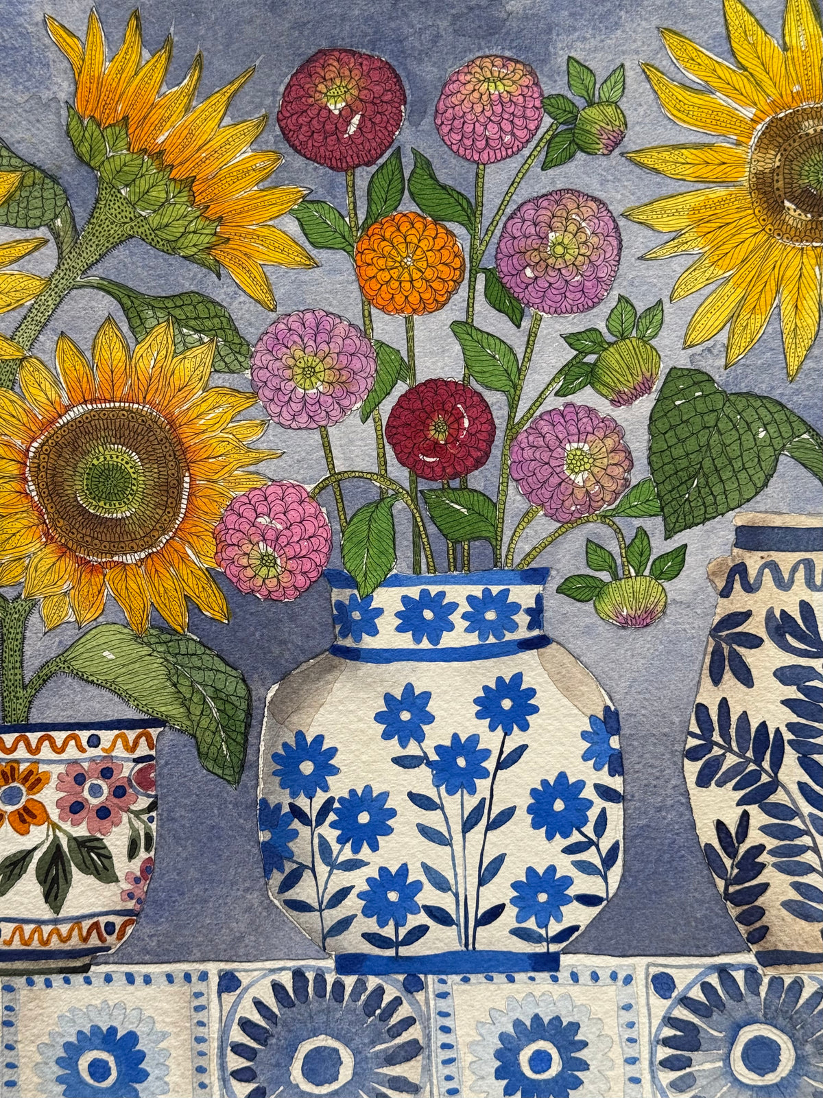 Extra Large Watercolour & Pen Sunflowers, Dahlias & Tiles