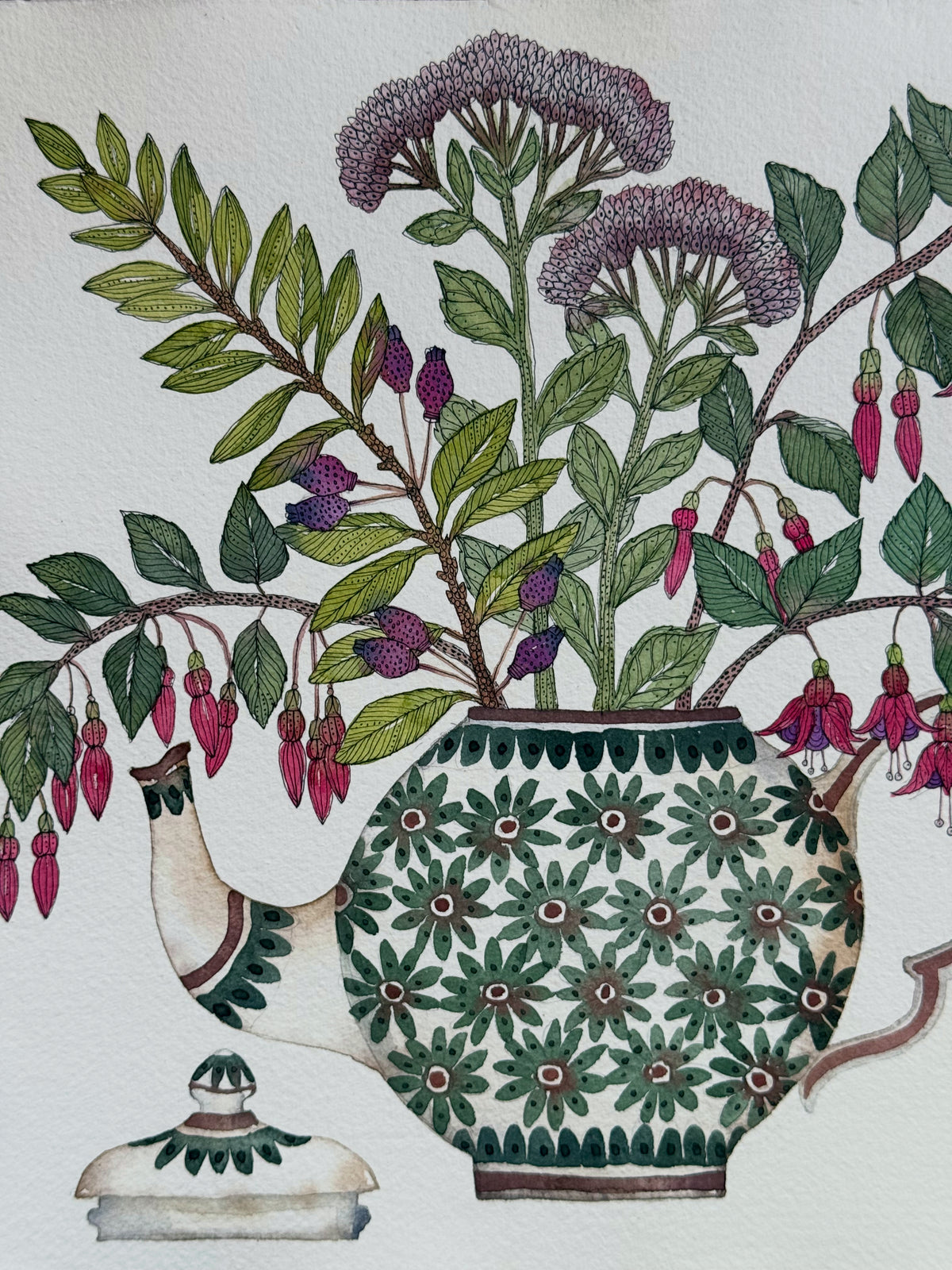 Large, Original Watercolour Autumnal Arrangement in a Teapot