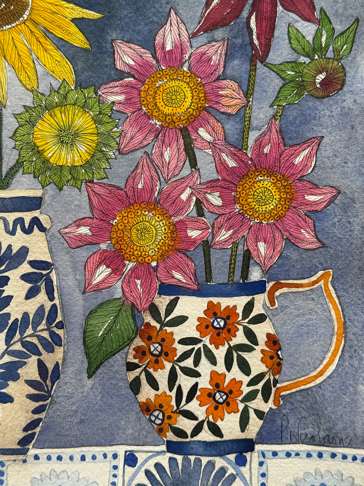 Extra Large Watercolour & Pen Sunflowers, Dahlias & Tiles