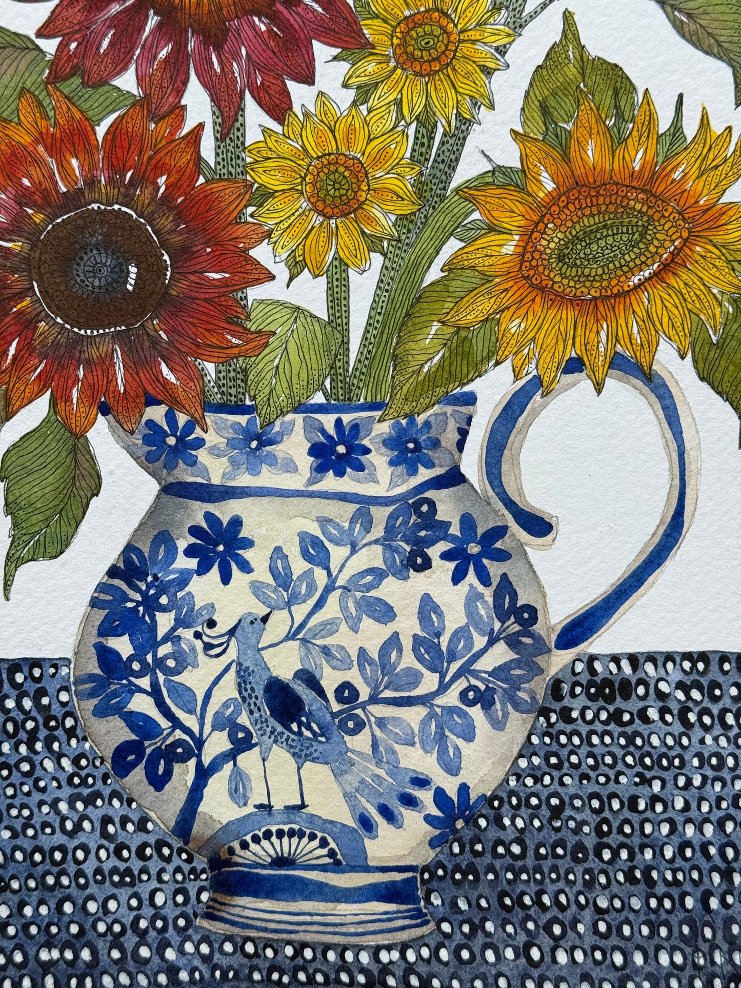 Original, A4 Watercolour Sunflowers in a Delft inspired Vase