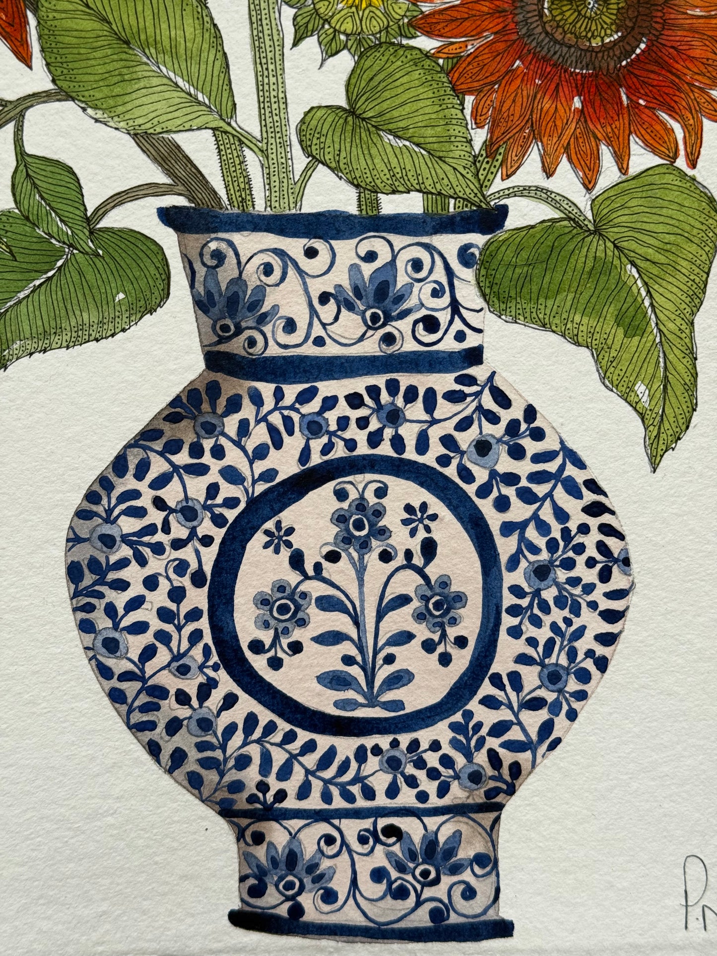 Original, A4 watercolour painting of Sunflowers in a blue & white Ceramic Vase
