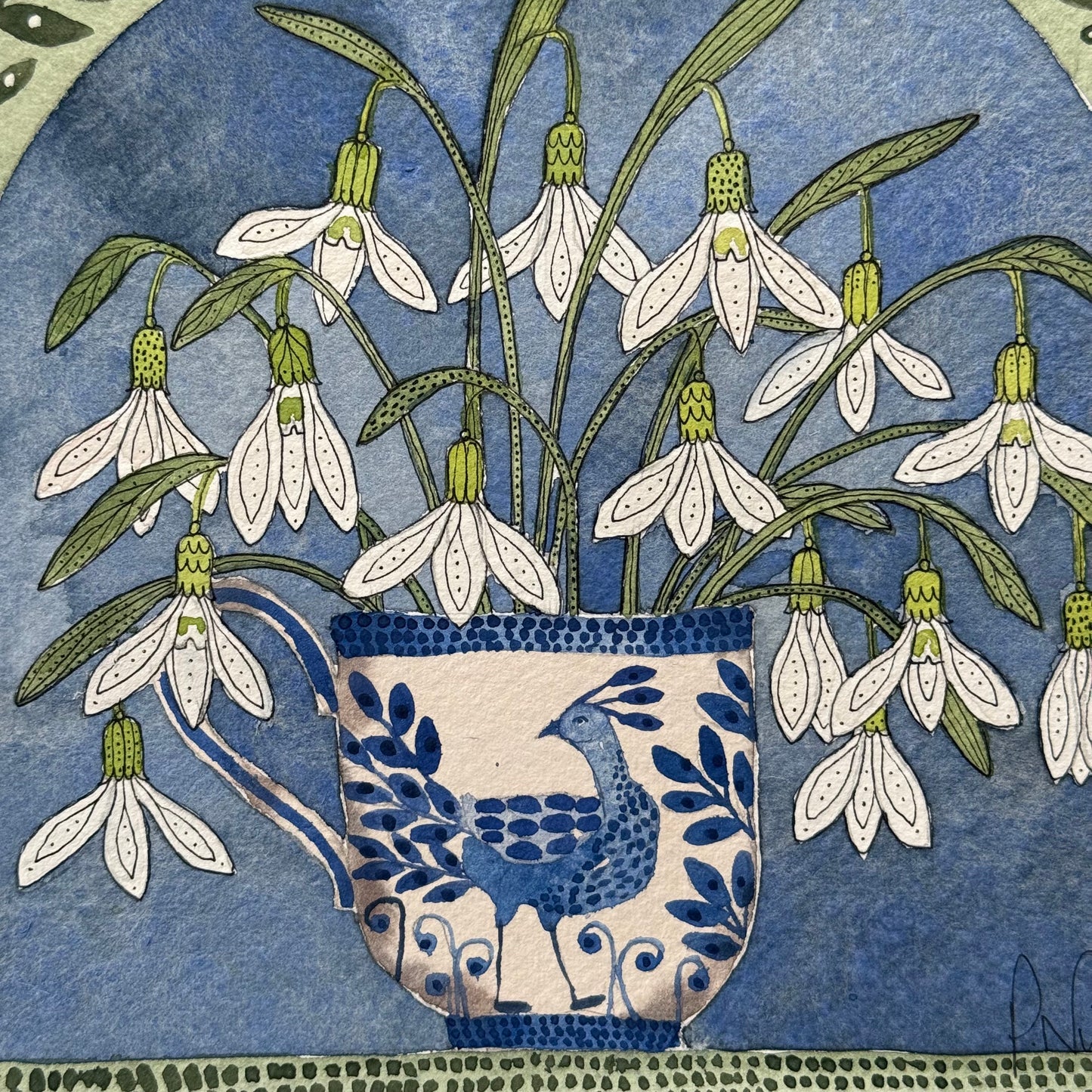 Original, Watercolour Snowdrops in a delft inspired Mug.