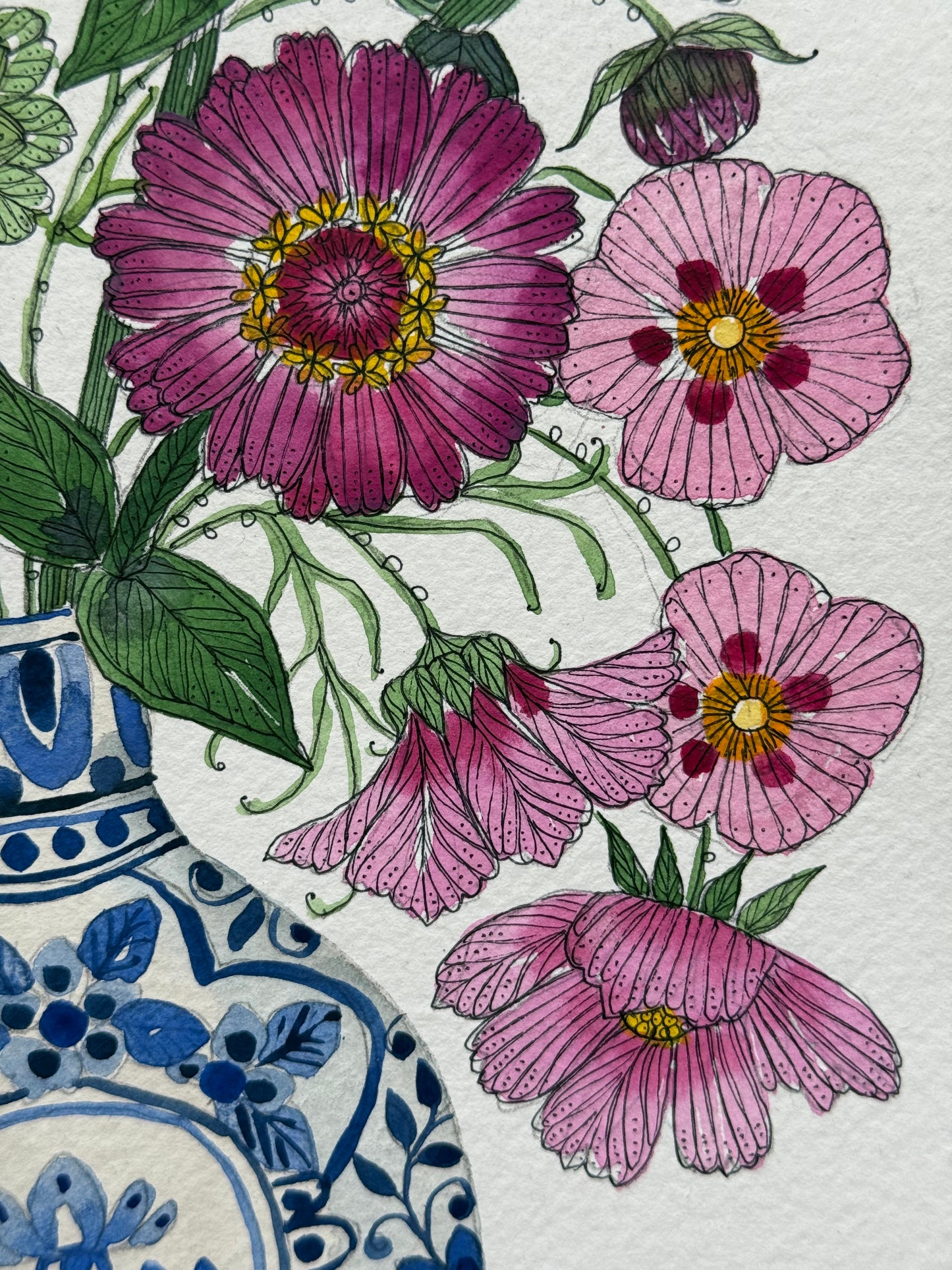 Original, A4 Watercolour painting of Cut garden Flowers in a delft Vase.