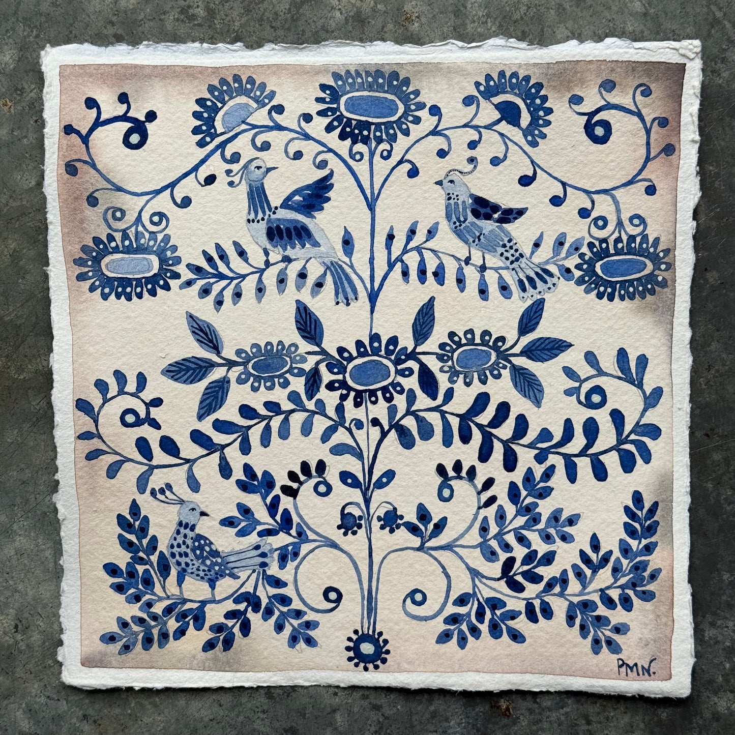 Original, Watercolour Delft Birds & Pattern.