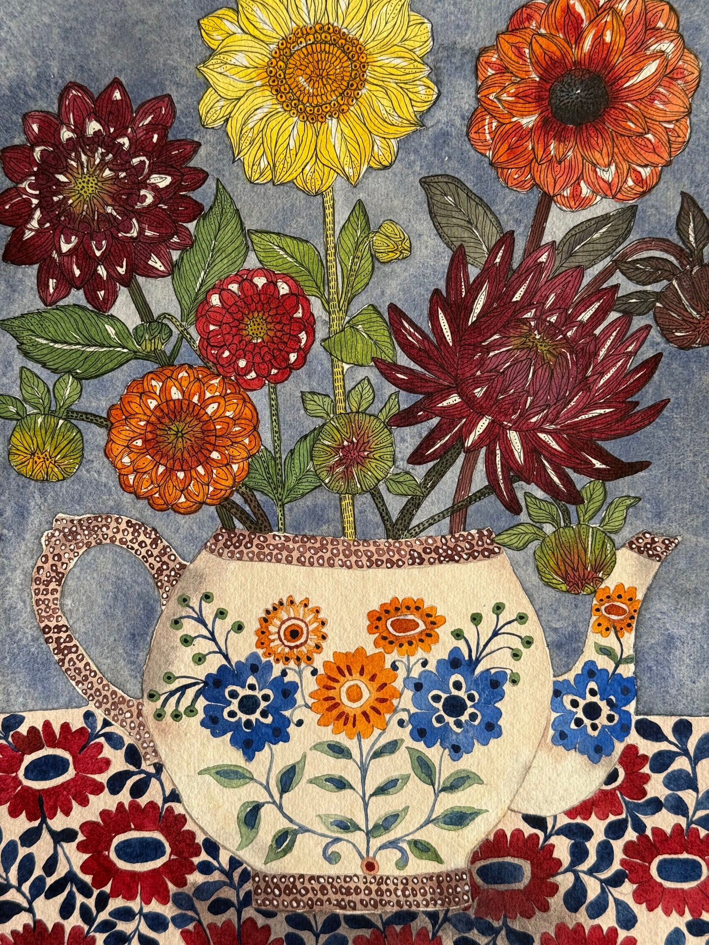 Original, A4 Watercolour Dahlias in a patterned Teapot