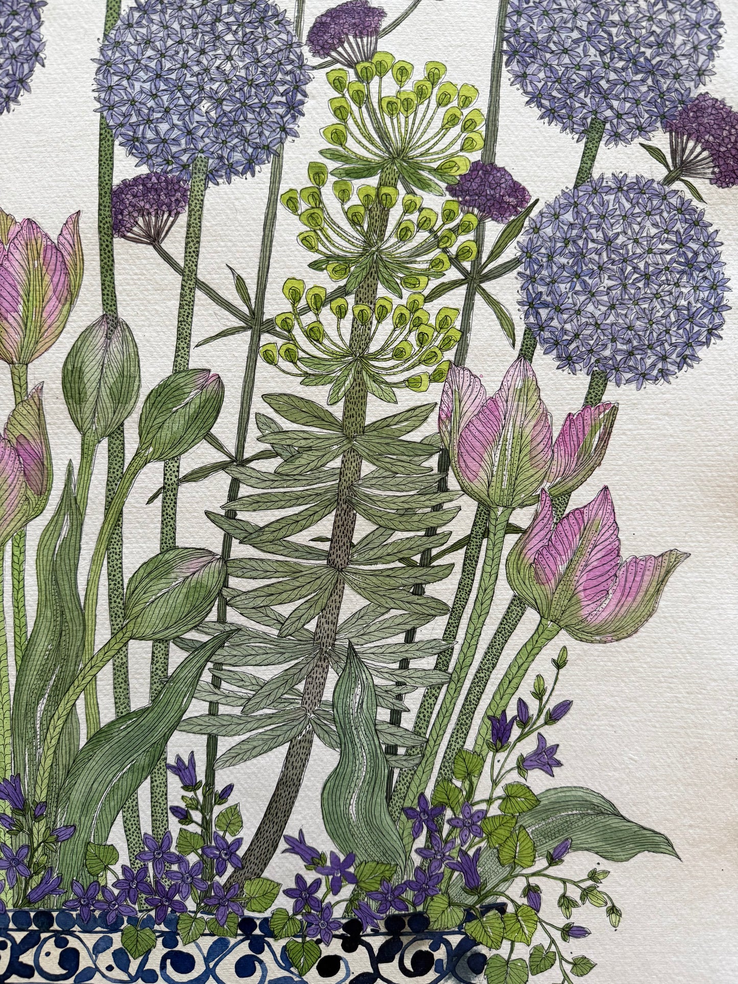 Original, large watercolour & Ink painting of Garden flowers in a ceramic vessel.