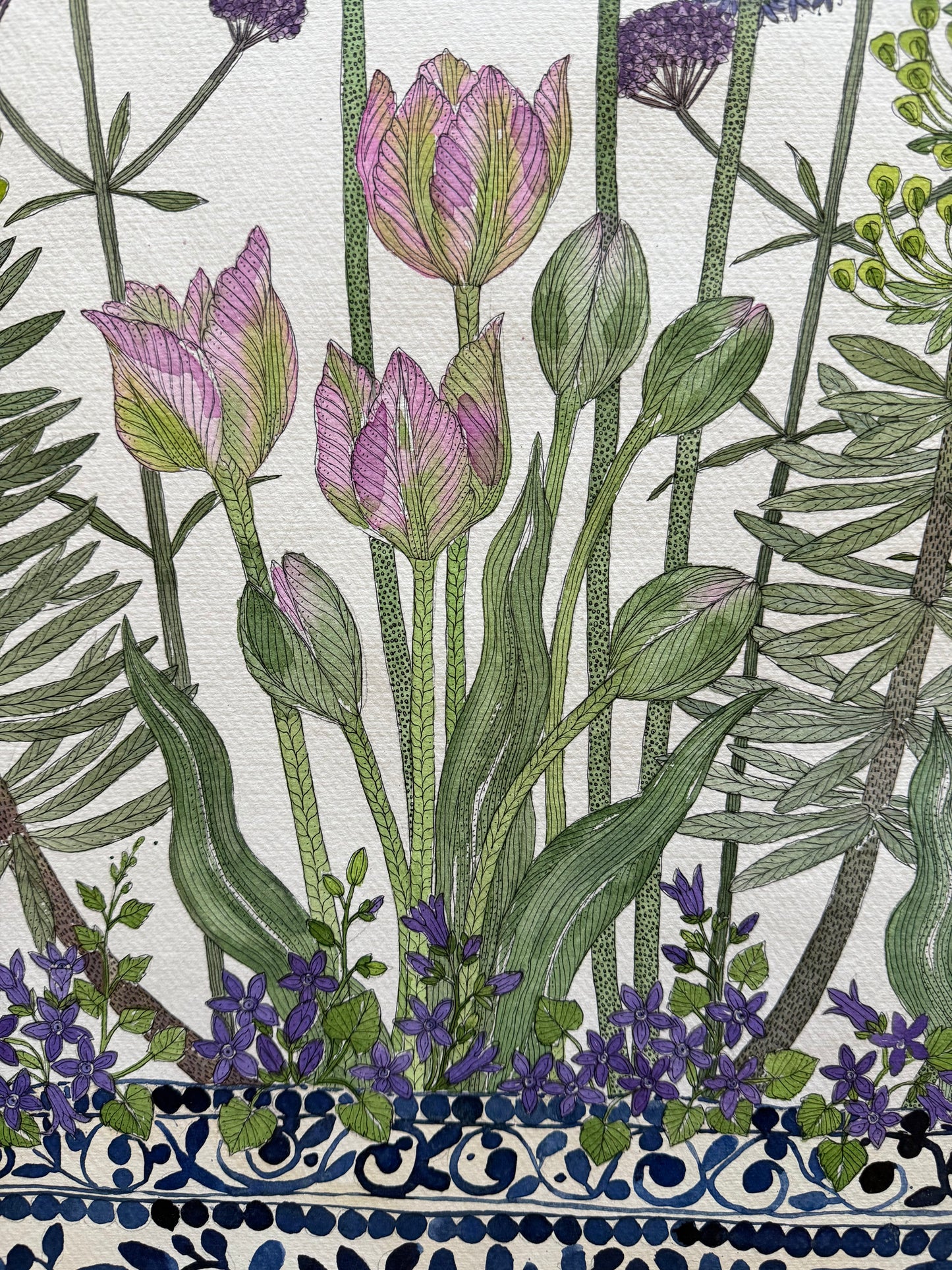 Original, large watercolour & Ink painting of Garden flowers in a ceramic vessel.