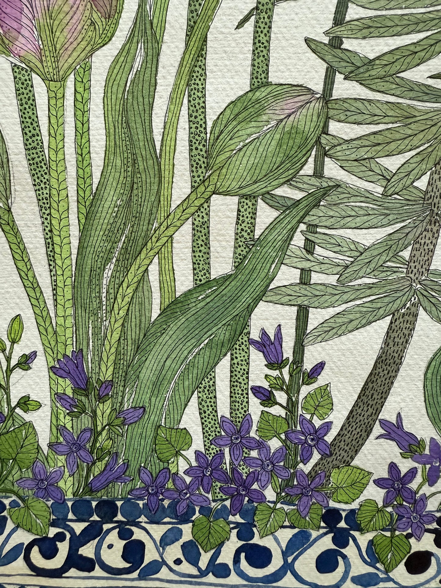 Original, large watercolour & Ink painting of Garden flowers in a ceramic vessel.