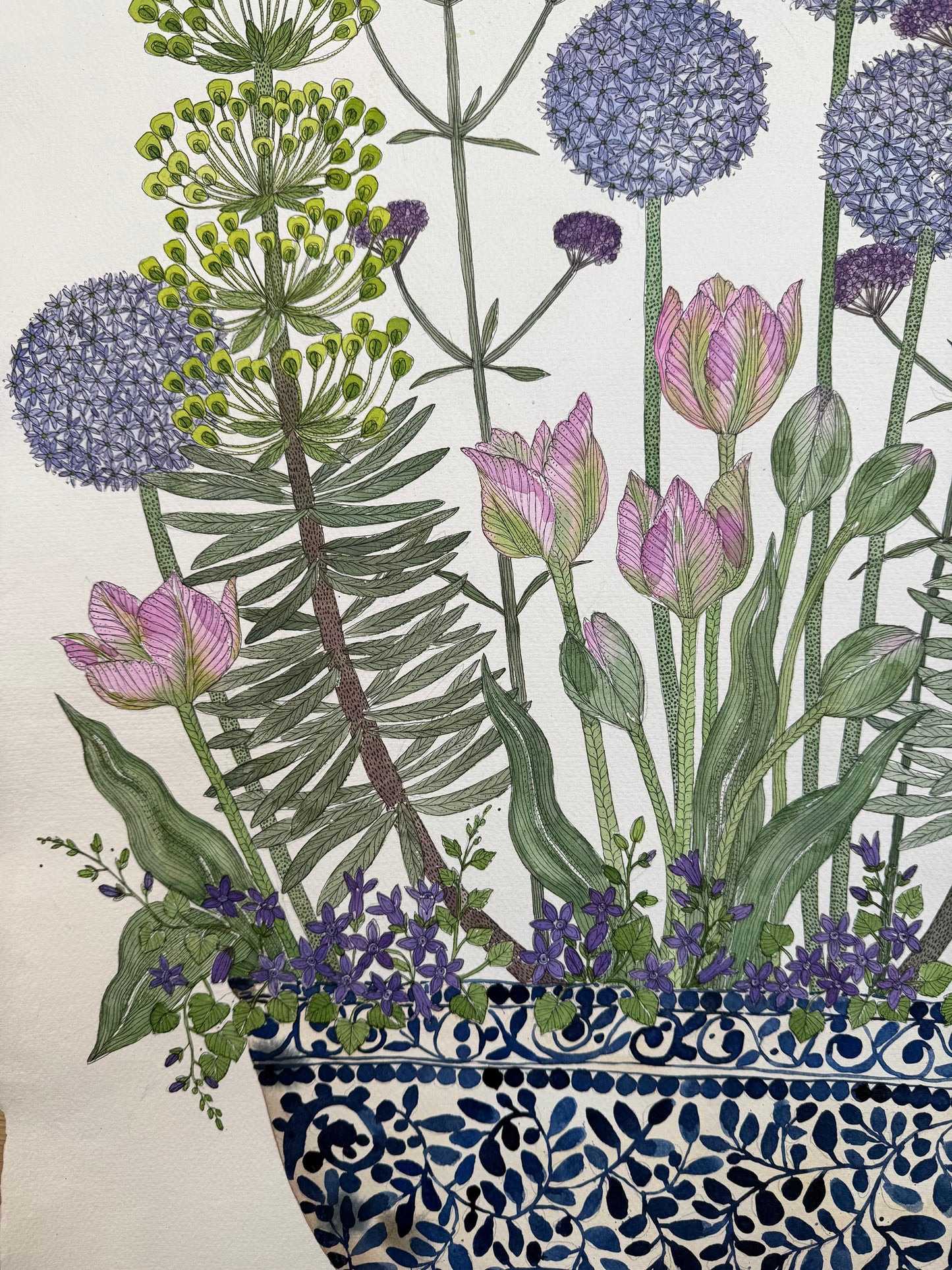 Original, large watercolour & Ink painting of Garden flowers in a ceramic vessel.