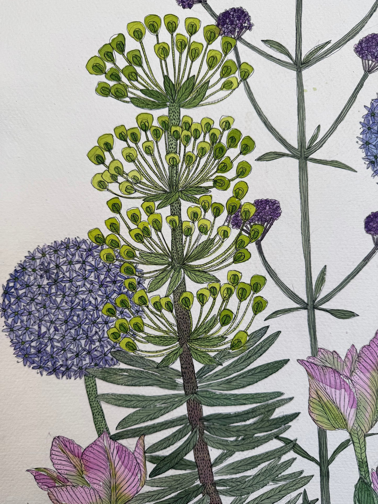 Original, large watercolour & Ink painting of Garden flowers in a ceramic vessel.