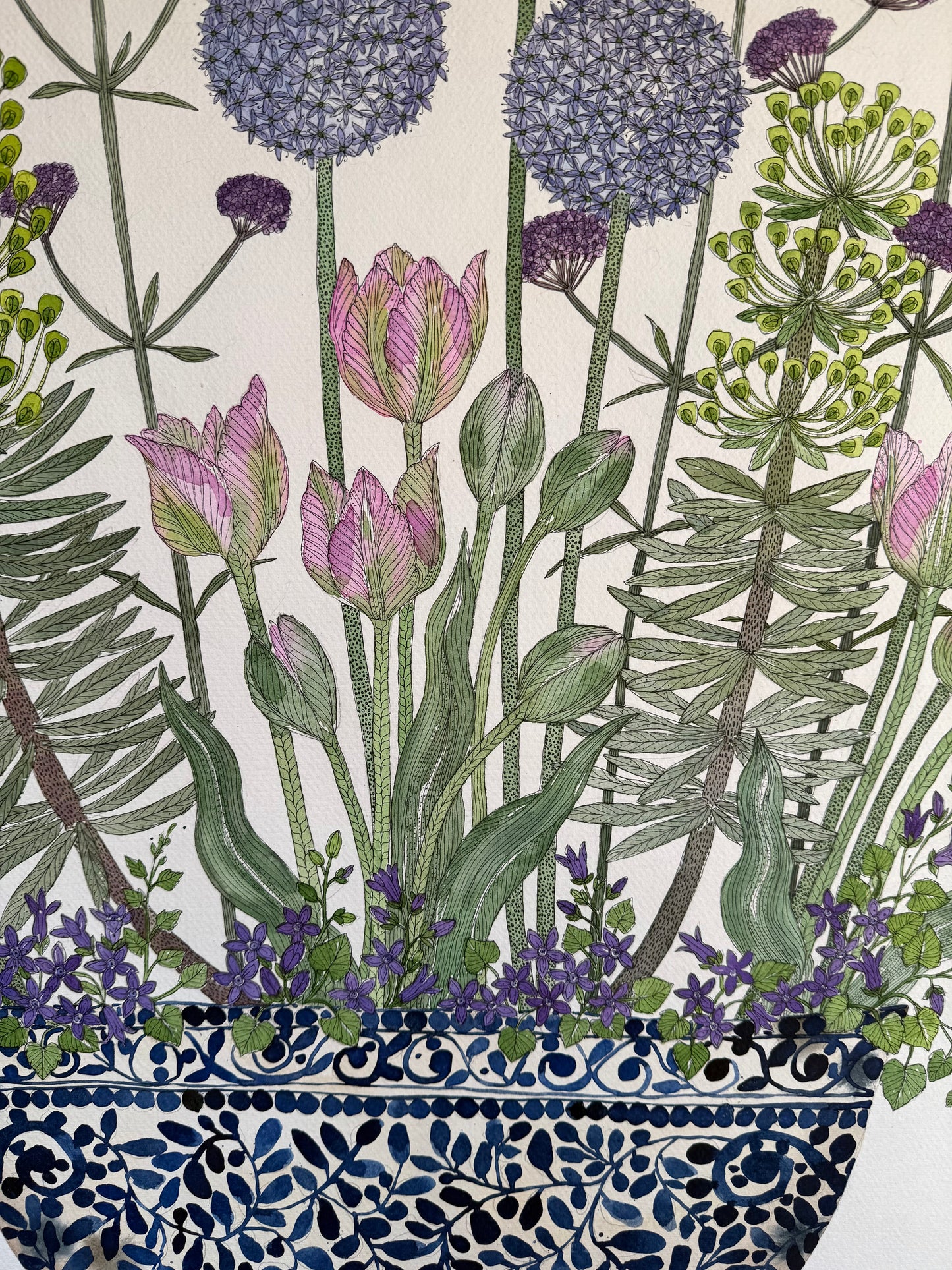 Original, large watercolour & Ink painting of Garden flowers in a ceramic vessel.