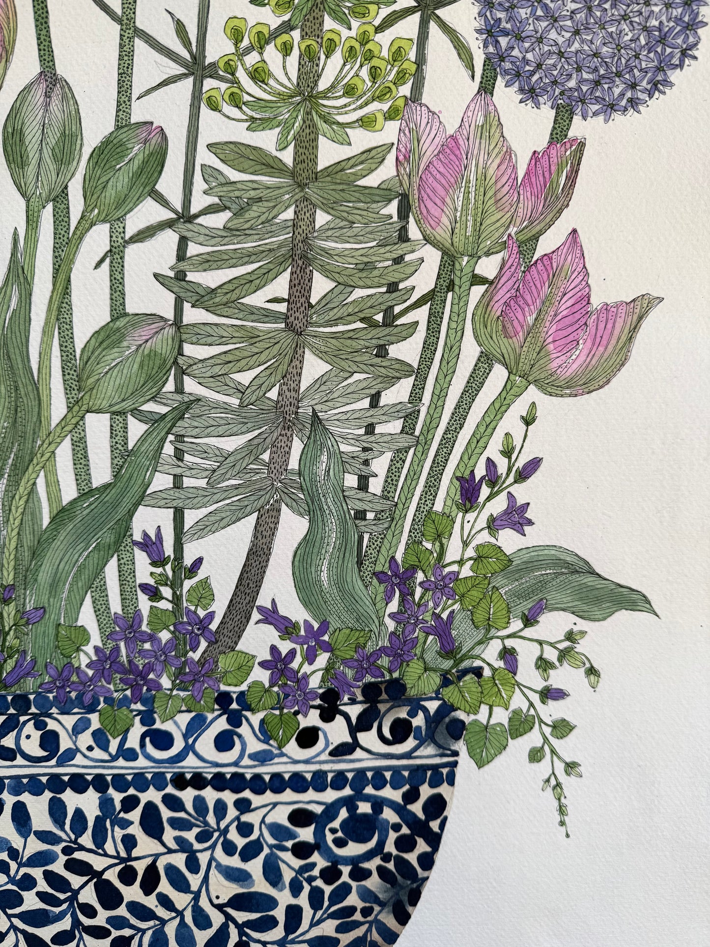 Original, large watercolour & Ink painting of Garden flowers in a ceramic vessel.