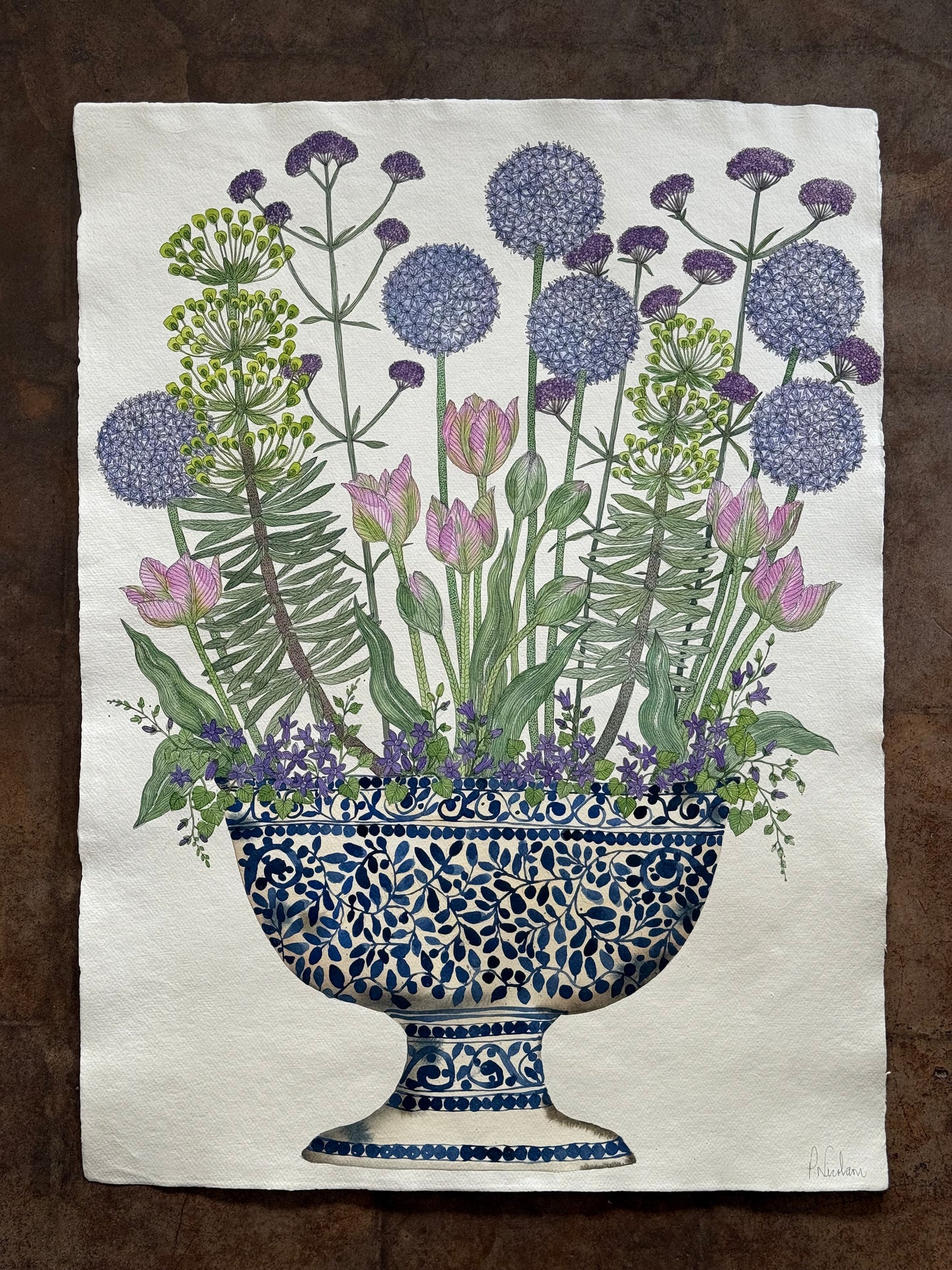Original, large watercolour & Ink painting of Garden flowers in a ceramic vessel.