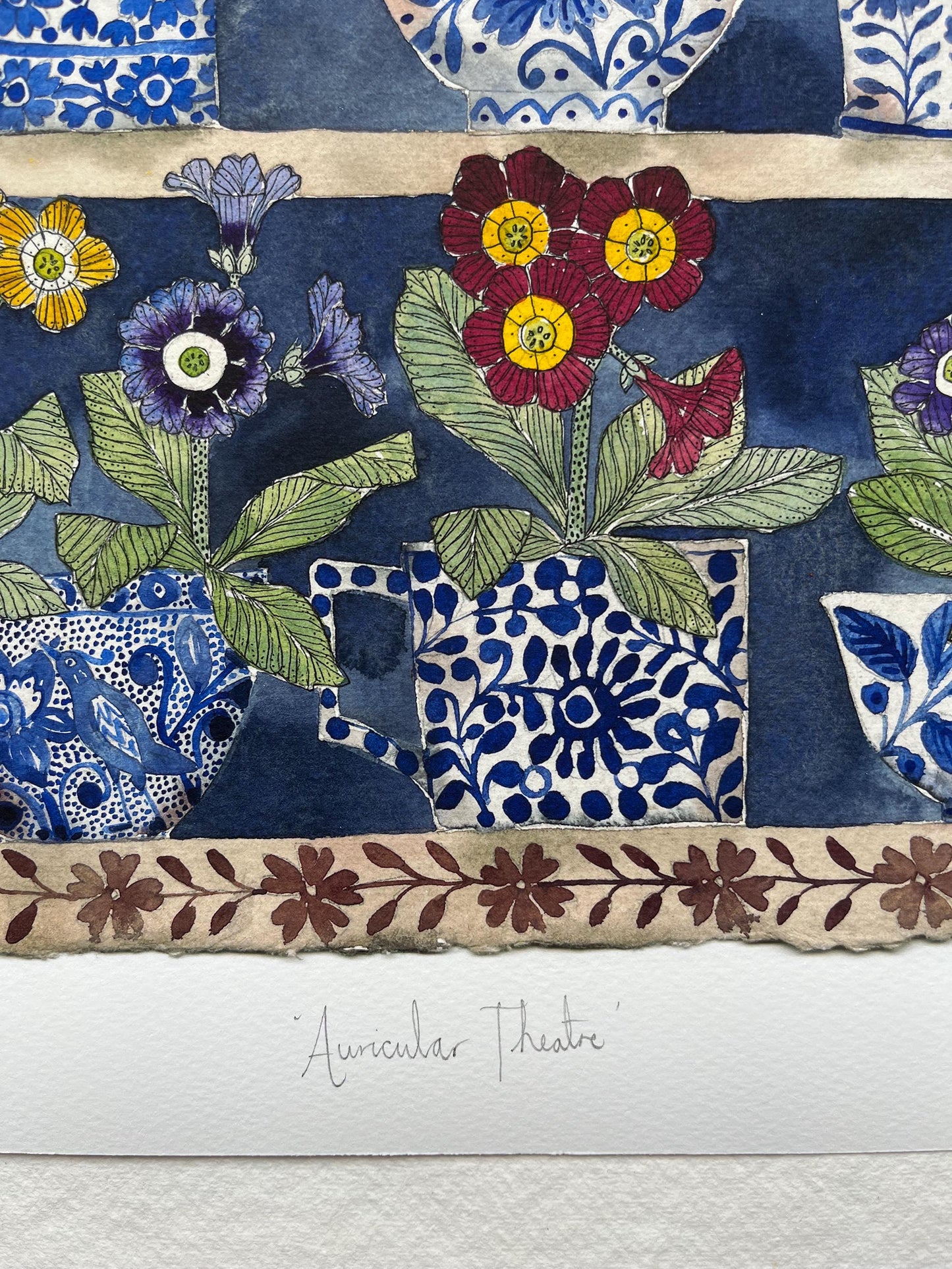 A3, limited edition giclee print of a watercolour and ink Auricular in delftware, ceramic mugs displayed in a plant Theatre.