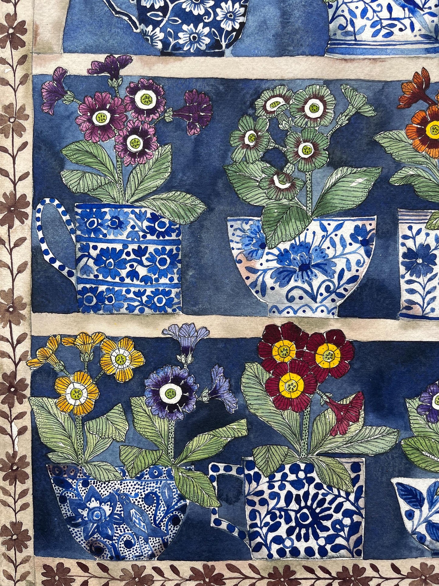 A3, limited edition giclee print of a watercolour and ink Auricular in delftware, ceramic mugs displayed in a plant Theatre.