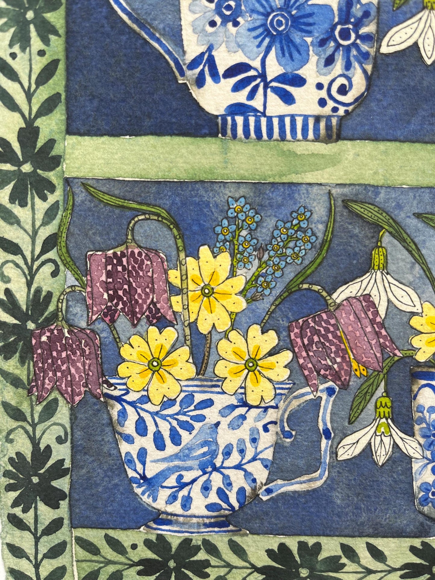 A3, giclee print of watercolour and ink daffodils and spring flowers in delft teacups and mugs displayed in a patterned plant Theatre.
