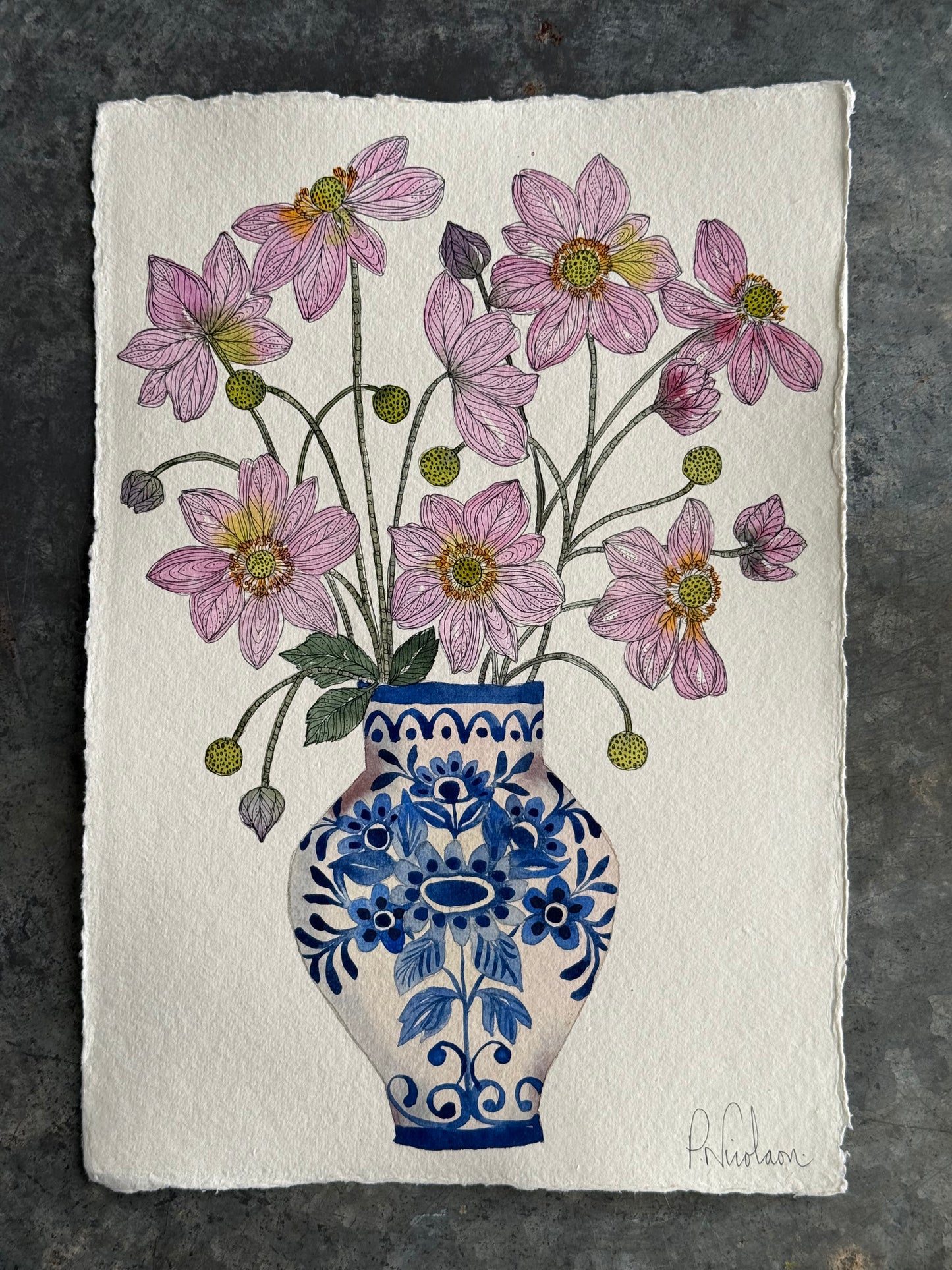 Original, A4 Watercolour Anemones in a Delft Vase