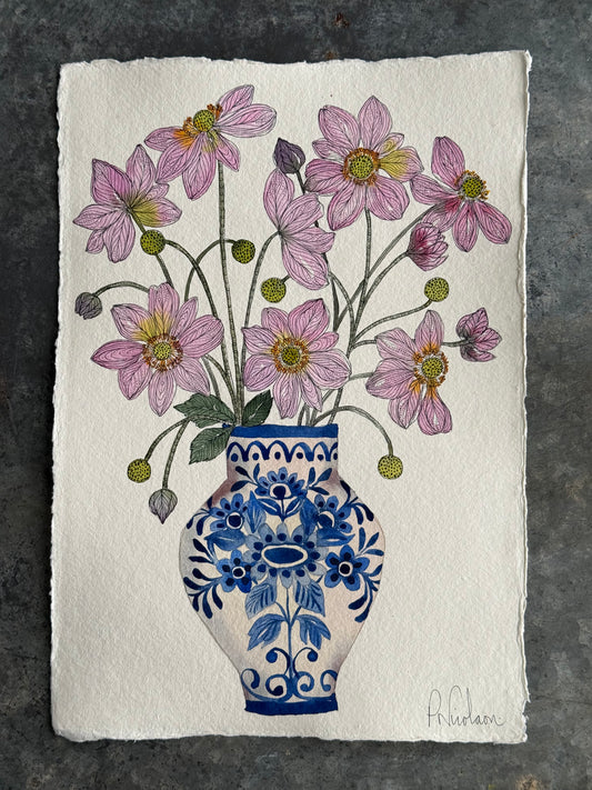 Original, A4 Watercolour Anemones in a Delft Vase