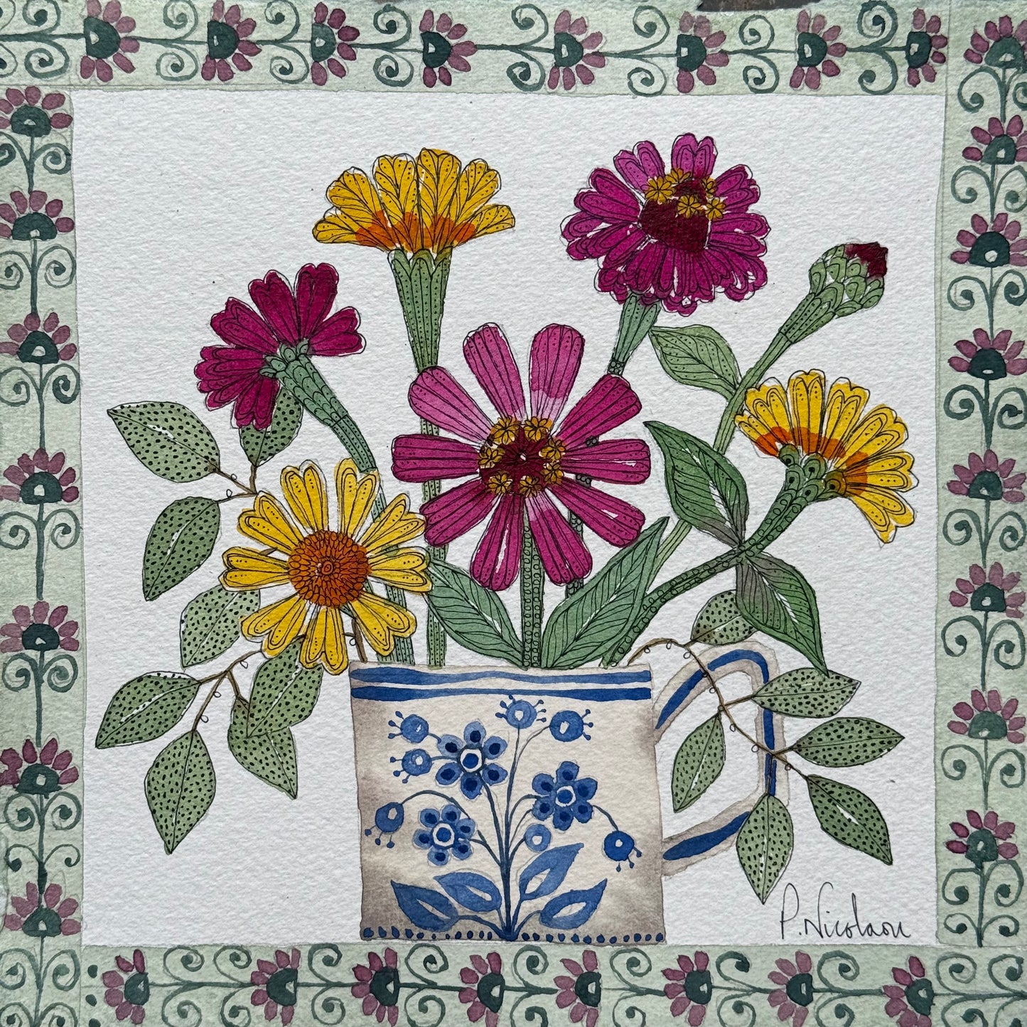 Original, watercolour painting of Zinnias in a delft teacup.