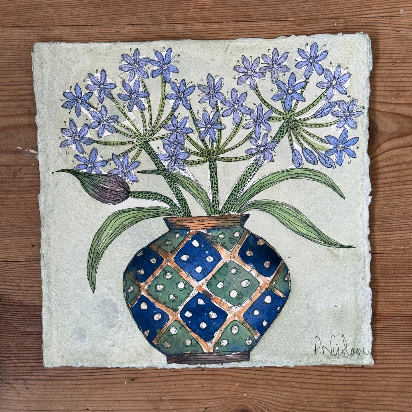 Original, Watercolour & Pen Hyacinths in a vintage Pot