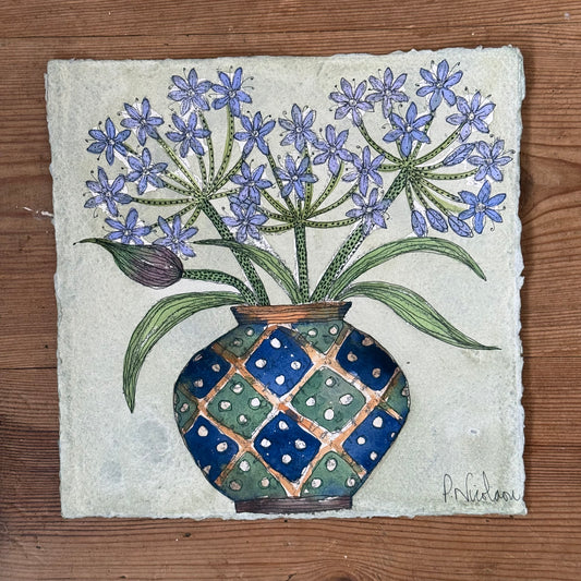 Original, Watercolour & Pen Hyacinths in a vintage Pot