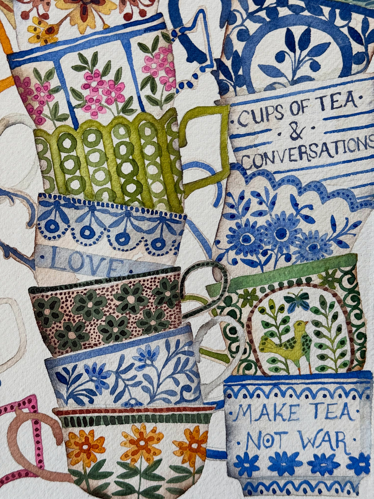 A4, Original Watercolour Stacked Teacups & Conversations