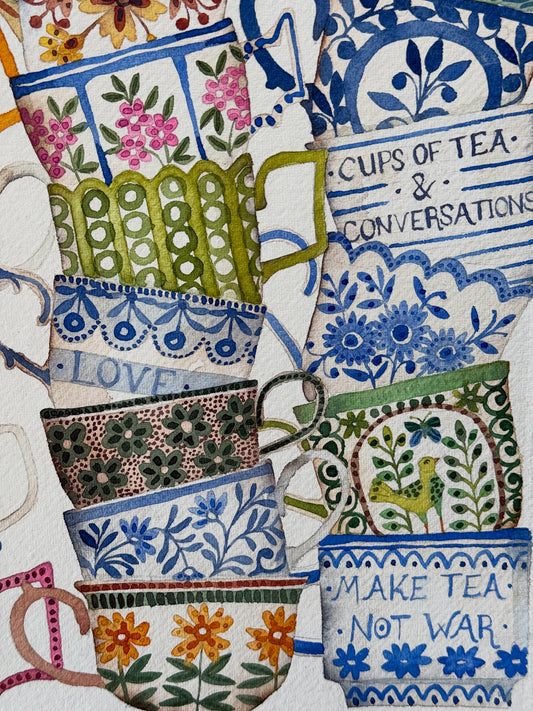 A4, Original Watercolour Stacked Teacups & Conversations