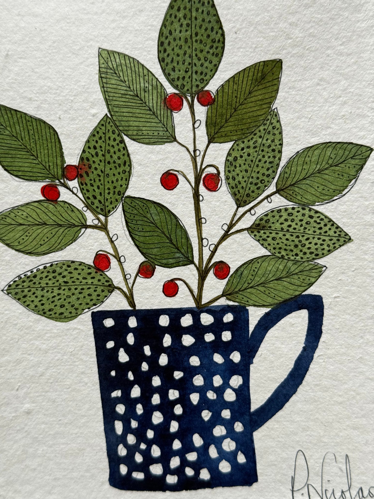 Original, A6 Watercolour Festive leaves in a Spotty Ceramic Mug.