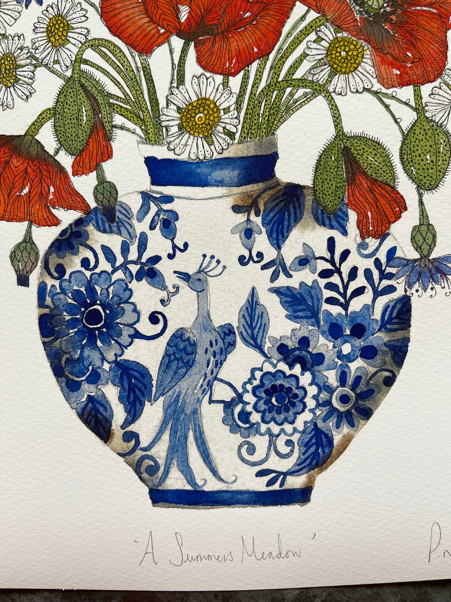 A4, limited edition giclee print of summer meadow flowers, red poppies, cornflowers and daisies in a delftware ceramic vase.