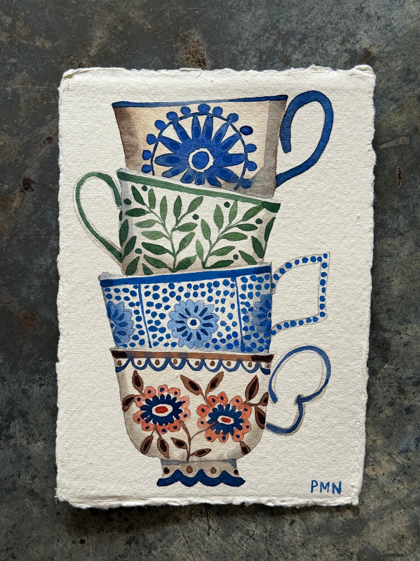 A6, Original Watercolour Stacked Teacups (a)