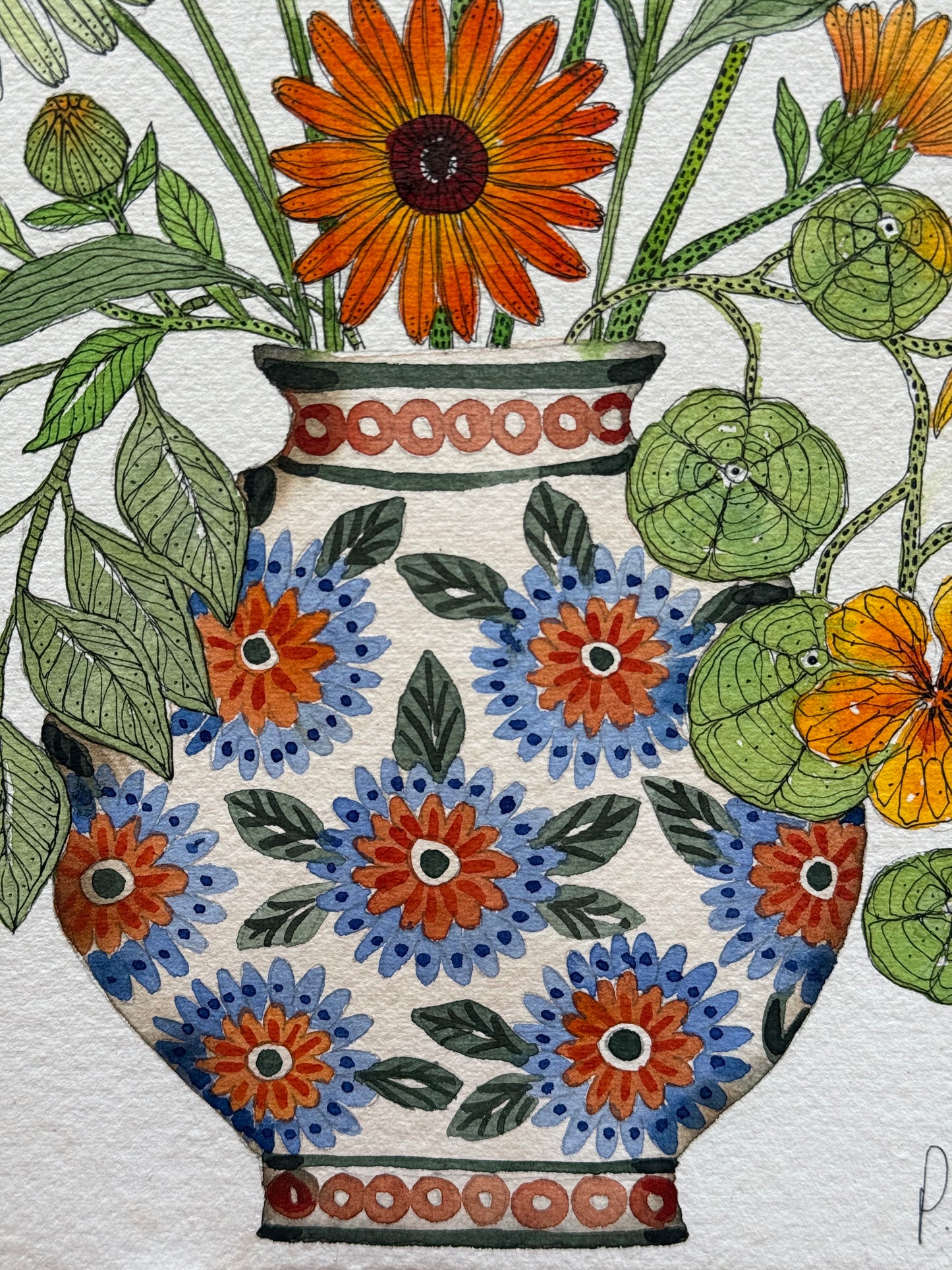 A4, Original Watercolour & Pen Calendula, Echinacea & Nasturtiums in a Vase