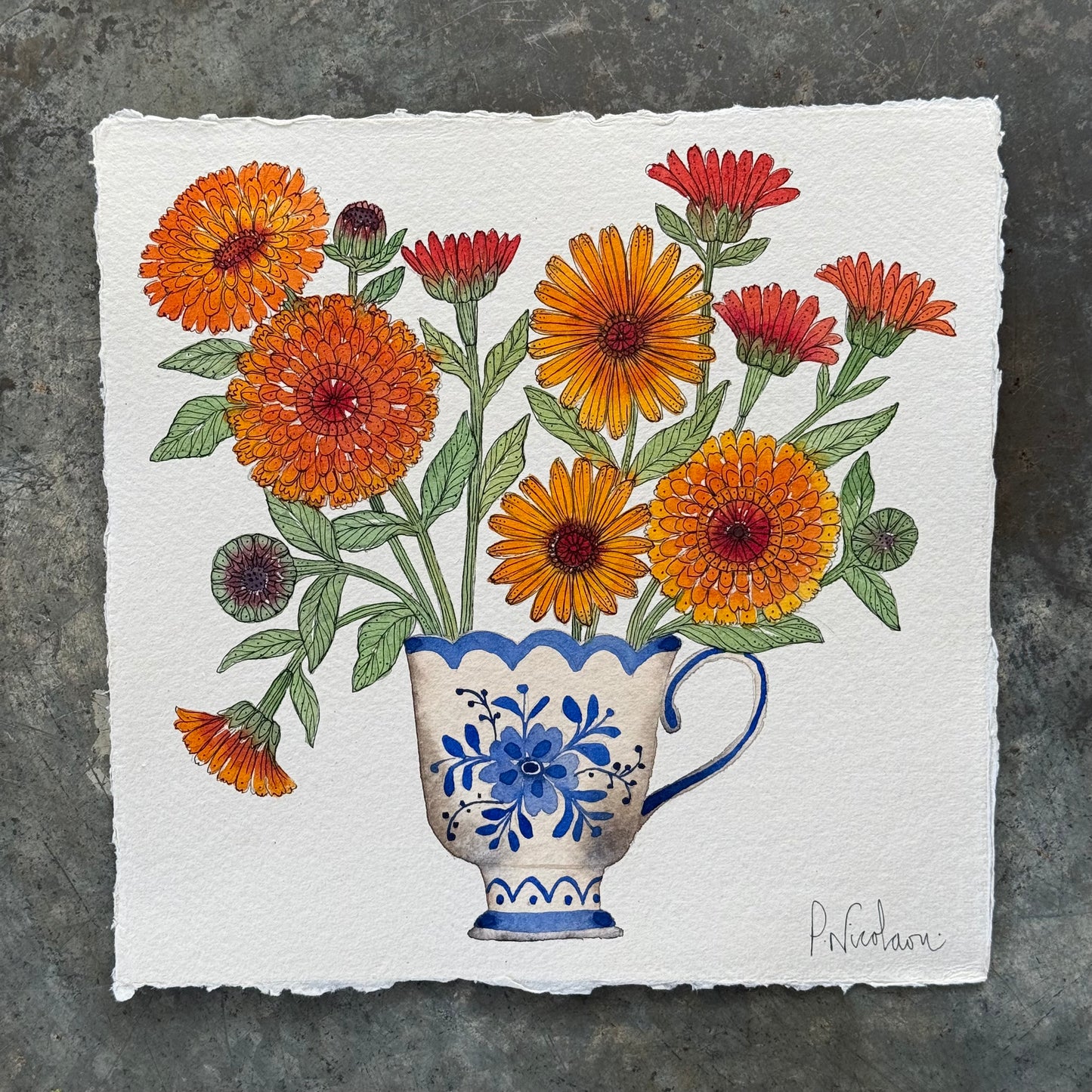 Original Watercolour Pot Marigold Flowers in a Teacup