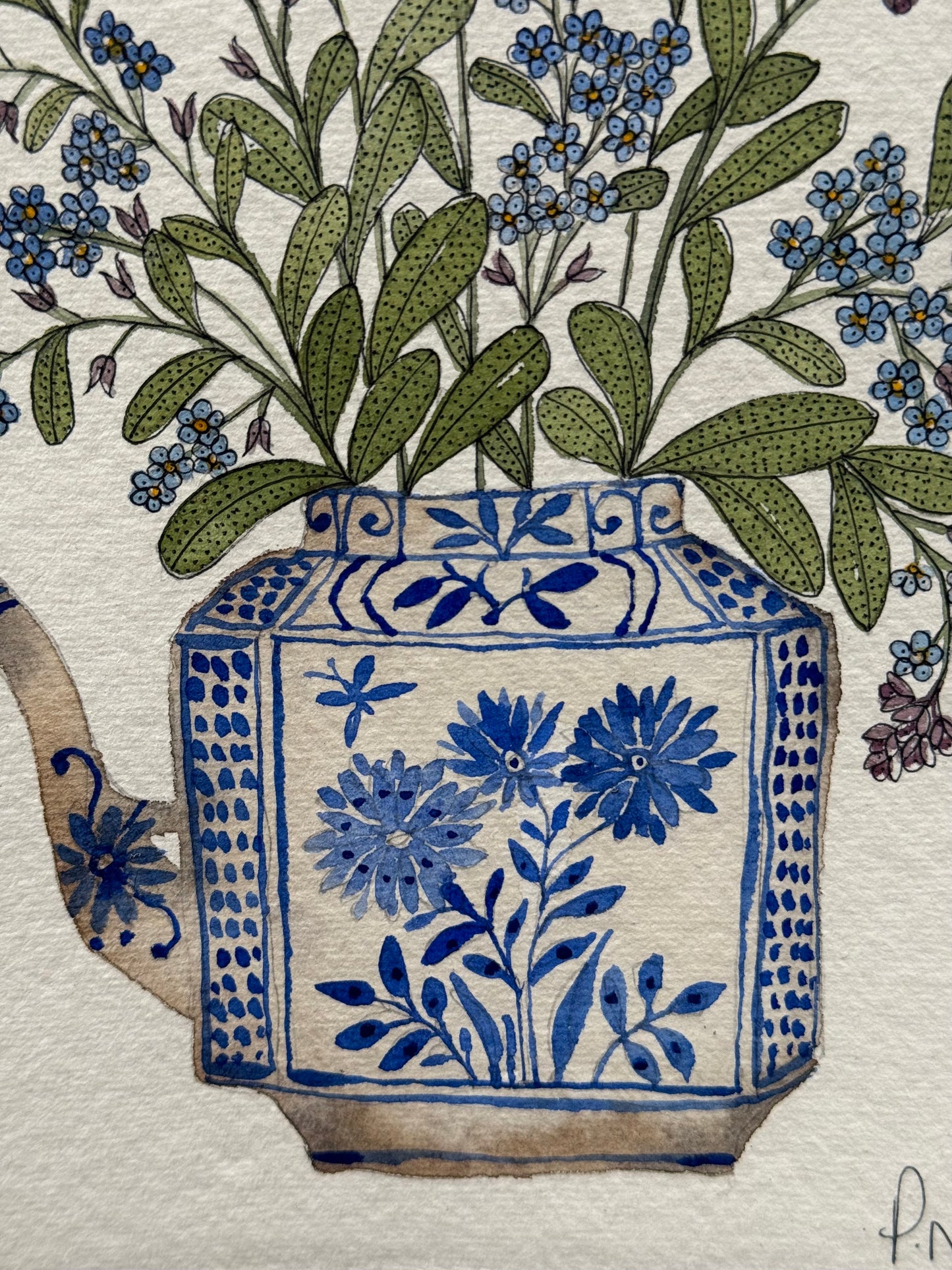 A5 Original Watercolour Forget-me-not flowers in a miniature Teapot