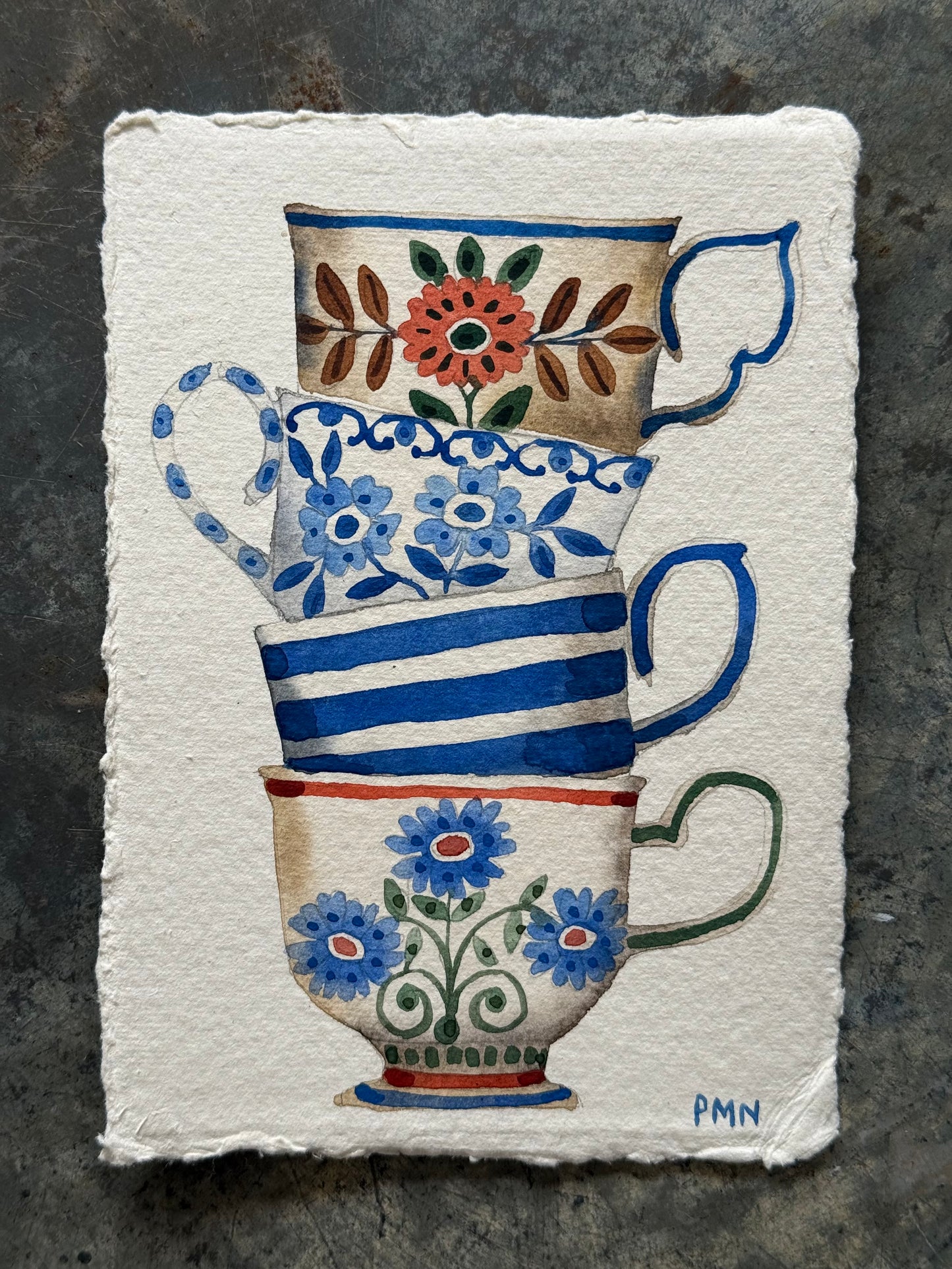 A6, Original Watercolour Stacked Teacups (d)