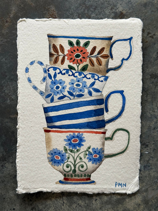 A6, Original Watercolour Stacked Teacups (d)