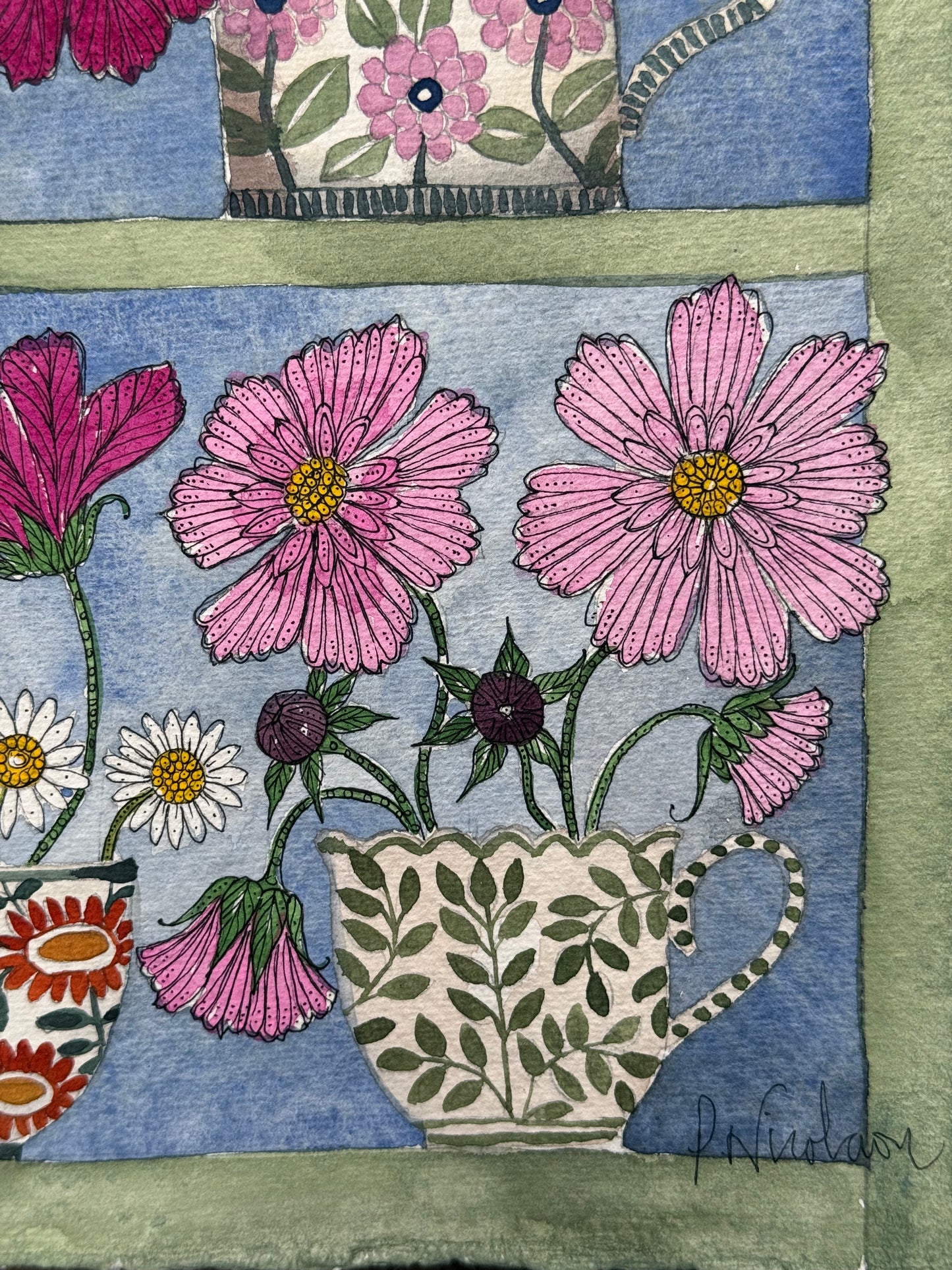 Original, A3, Watercolour painting of Cosmos & Daisy flowers in a Plant Theatre.