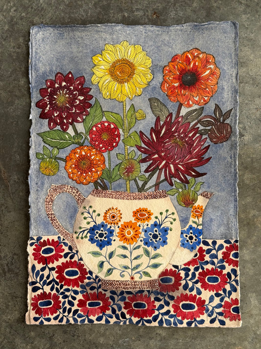 Original, A4 Watercolour Dahlias in a patterned Teapot