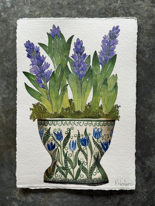 A4 Original Watercolour Hyacinths in a Ceramic Vessel