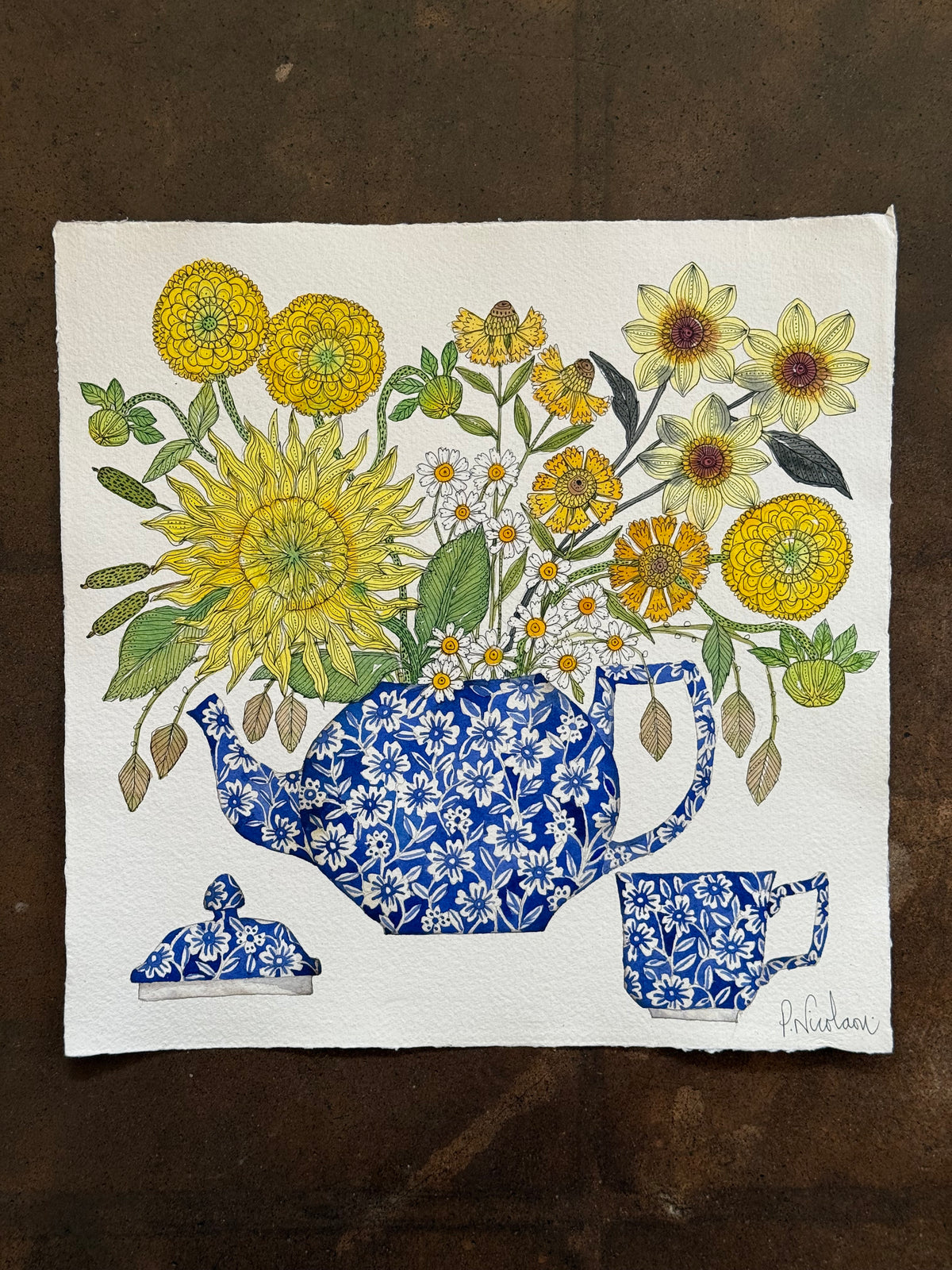 Large, Original, Watercolour Yellow Flowers in a Burleigh Teapot