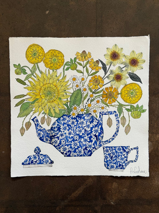 Large, Original, Watercolour Yellow Flowers in a Burleigh Teapot