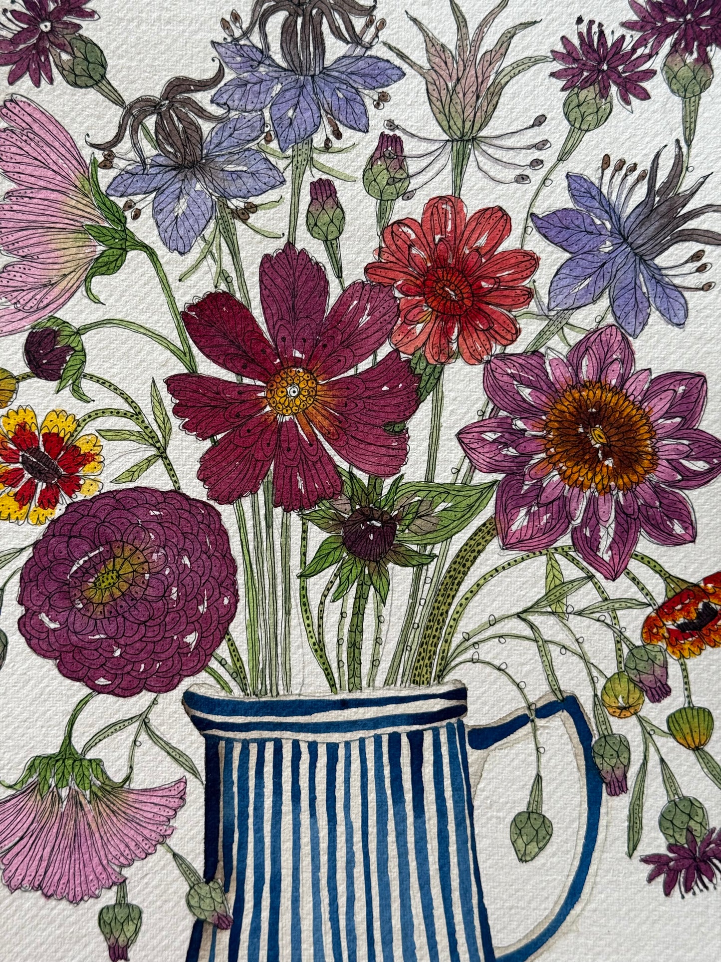 A4, Original Watercolour & Pen Summer Flowers in a Striped Jug