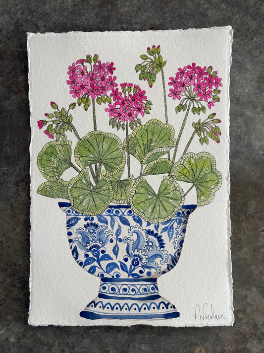 Original, A4 Pink Geraniums watercolour Painting