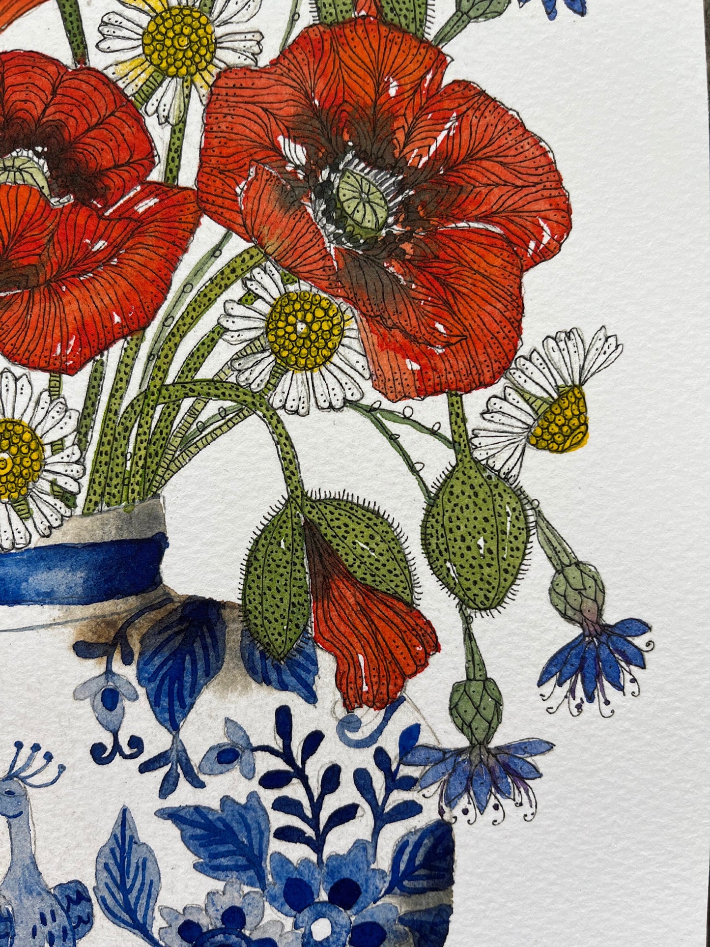 A4, limited edition giclee print of summer meadow flowers, red poppies, cornflowers and daisies in a delftware ceramic vase.