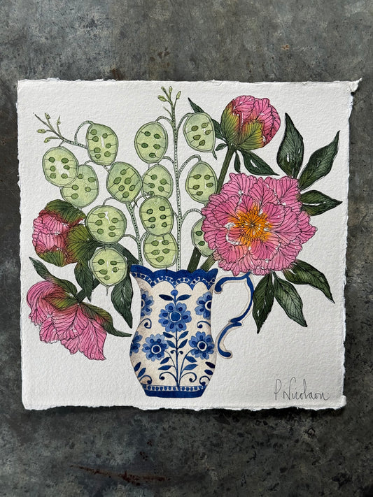 Original, Watercolour Peonies & Honesty Seed Heads