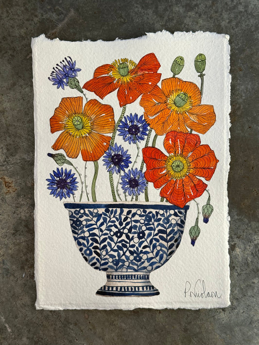 Original, A5 watercolour painting of Cornflowers & poppies