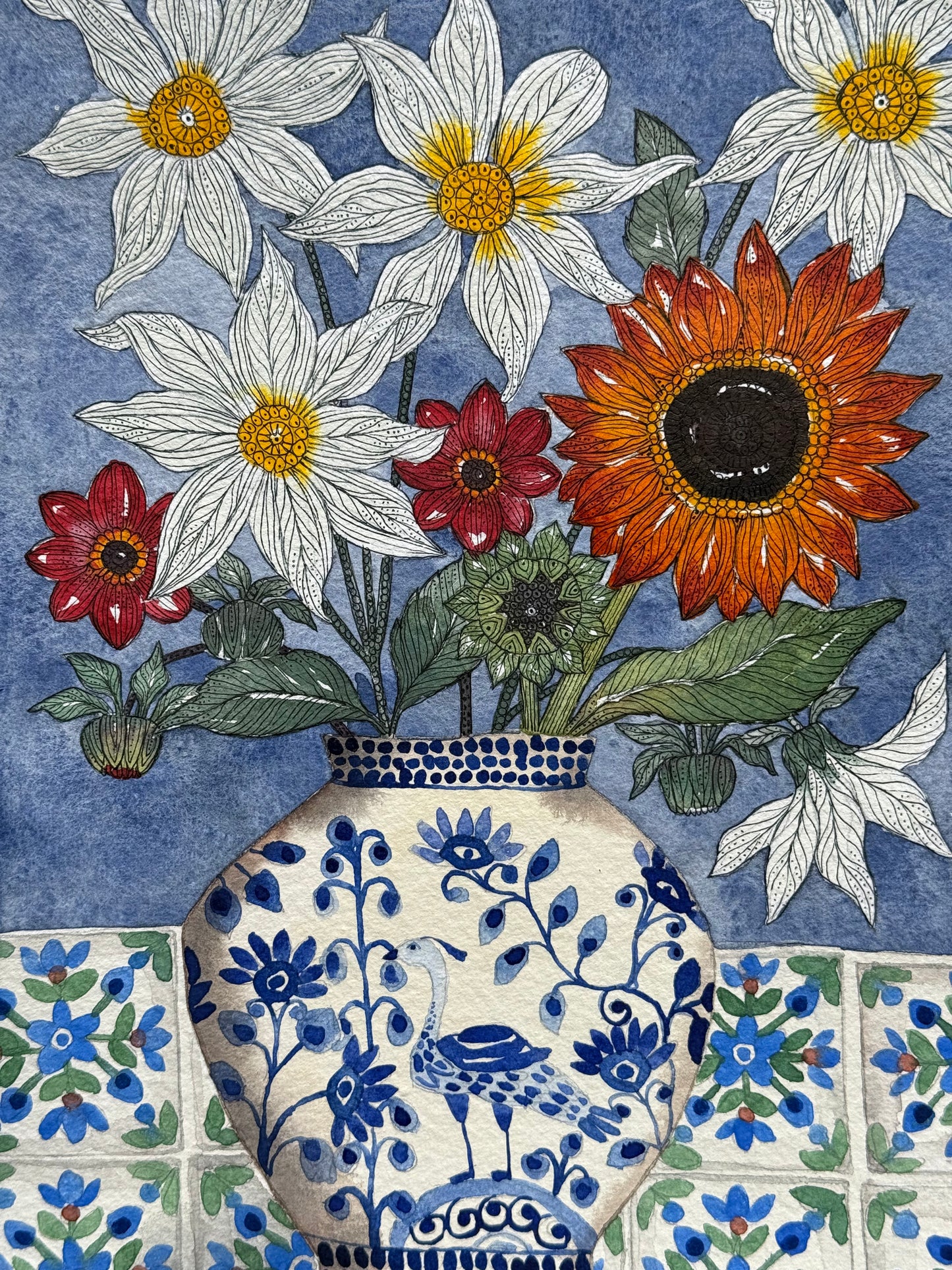 Original, A4 Watercolour Dahlias and a Sunflower in a Delft inspired Vase